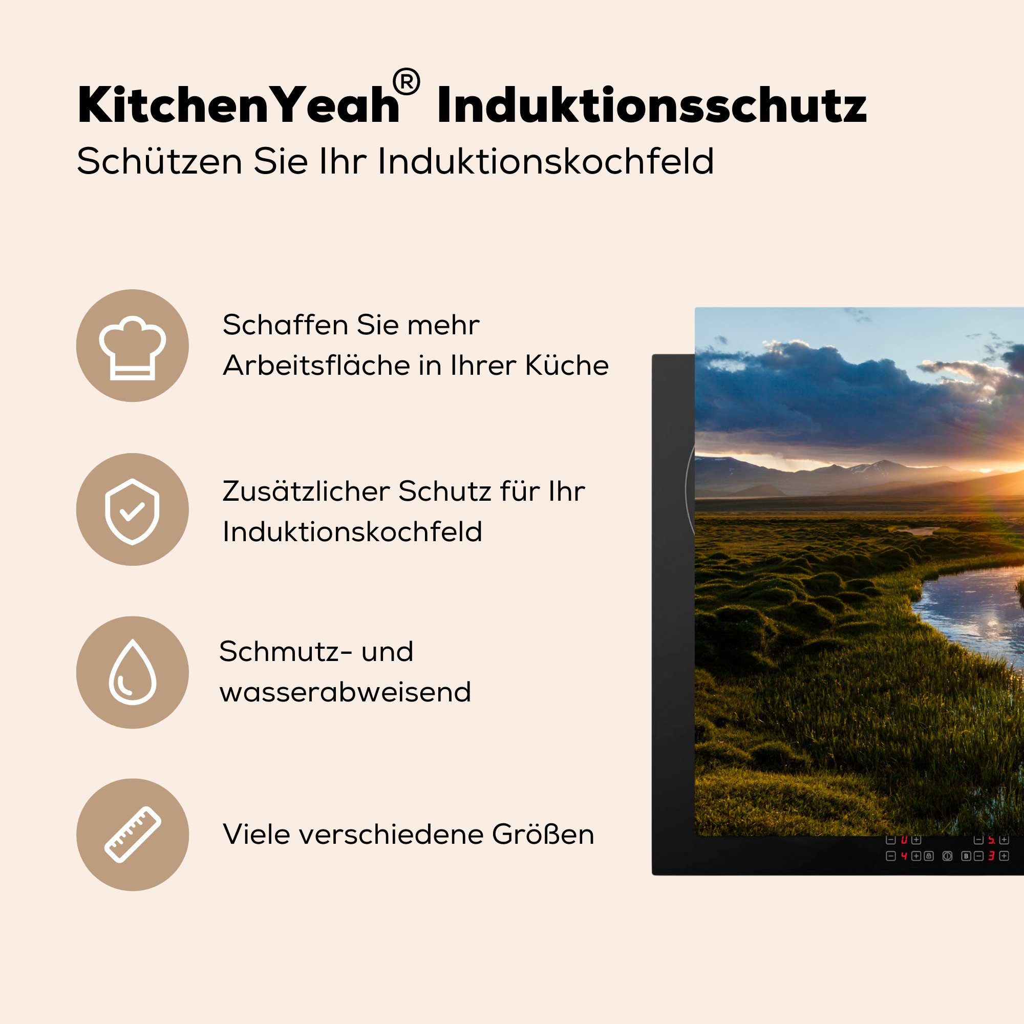 Schutz Sonnenuntergang über tlg), küche, einem 81x52 (1 Herdblende-/Abdeckplatte Induktionskochfeld ruhigen Vinyl, MuchoWow Ceranfeldabdeckung die für Fluss, cm,