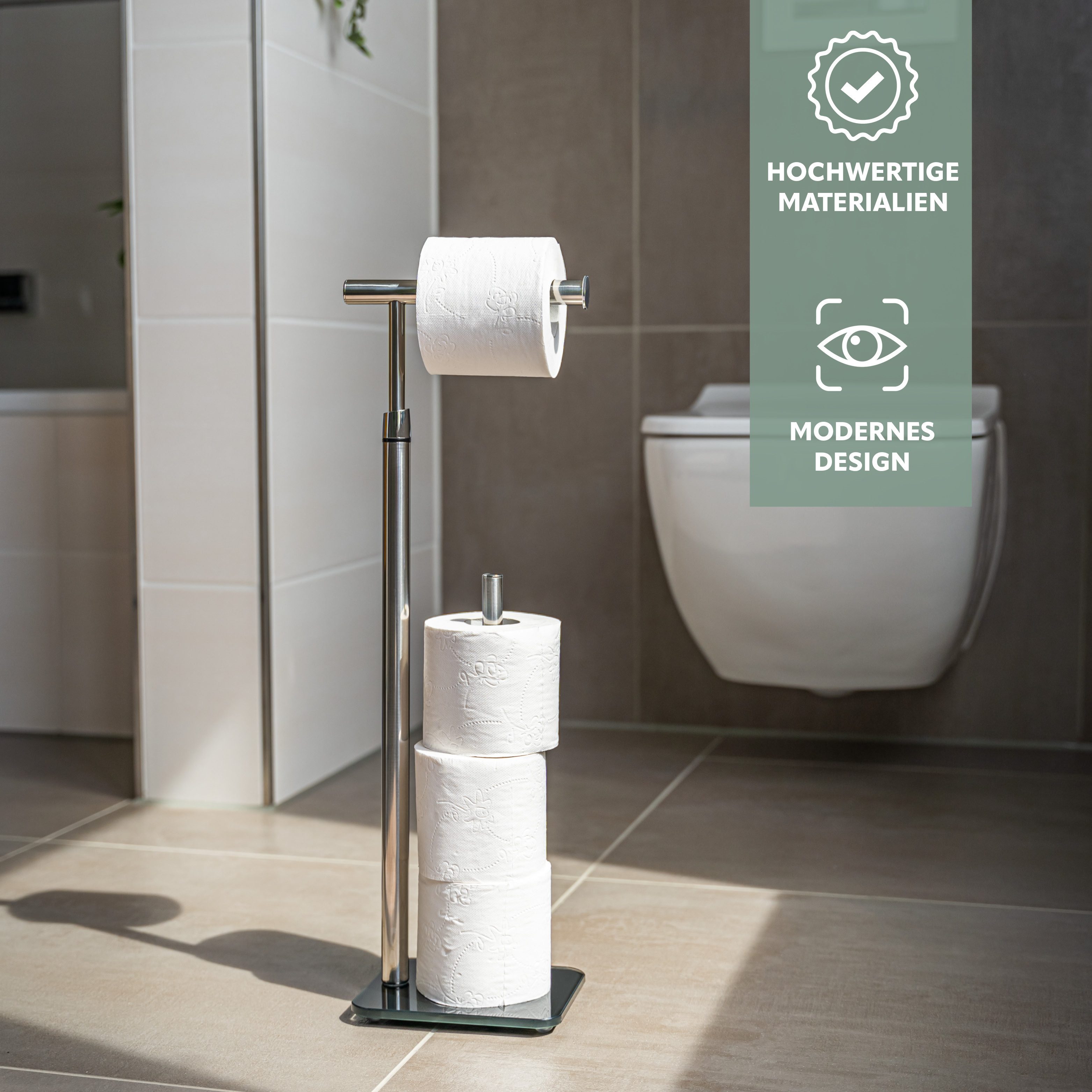 bremermann Toilettenpapierhalter Stand-WC-Rollenhalter 2in1, Ersatzrollenhalter, Edelstahl Glassockel