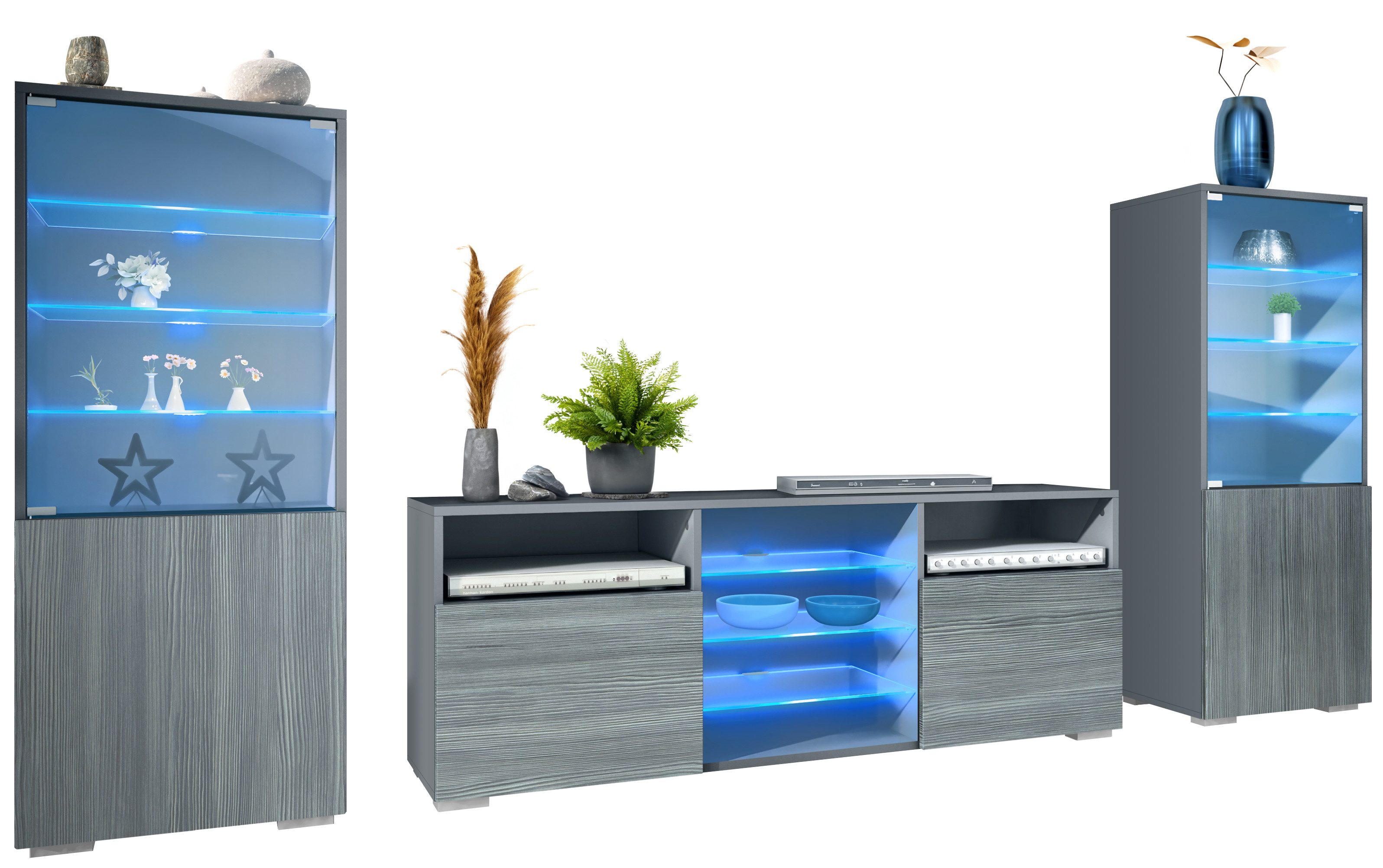 Vladon Wohnwand Granada, (Anbauwand, bestehend aus 2 Vitrinen, 1 TV-Board und LED-Beleuchtung), Anthrazit matt/Avola-Anthrazit (286 x 122,5 x 35 cm)