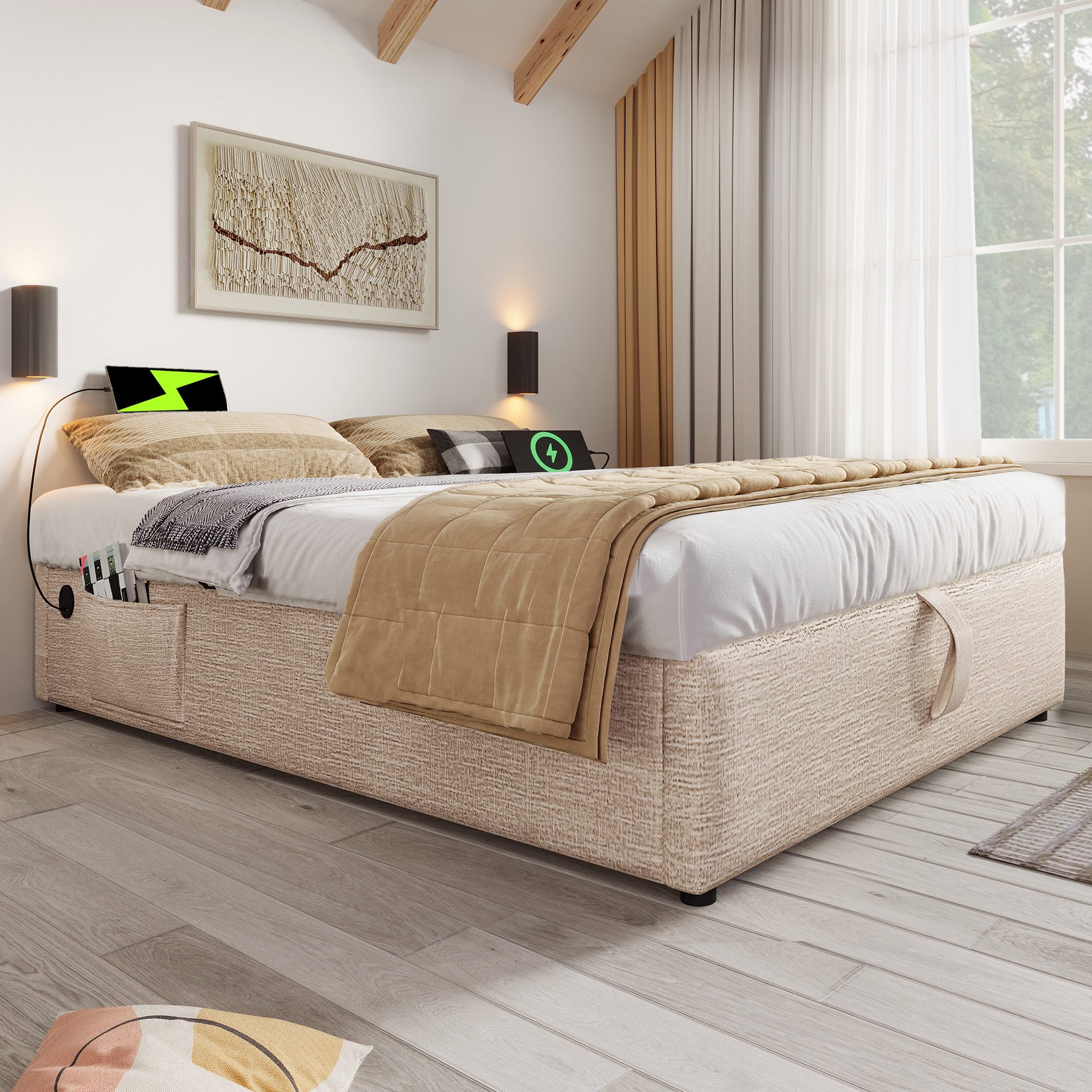 OKWISH Polsterbett Ohne Kopfteil (Funktionsbett, Struraumbett Hydraulisch mit Bettkasten, 1-tlg., 140x200 cm, ohne Matratze), mit USB- C, Seitentasche und Vollflächiger Lattenrost