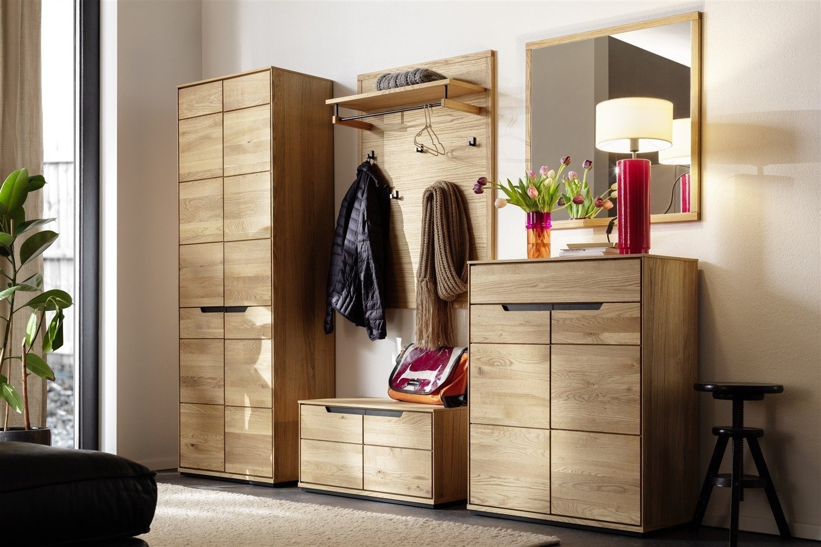 freiraum Garderoben-Set ARAYA, (5-teilig) in Eiche teilmassiv - 227x195x40,5 (BxHxT)