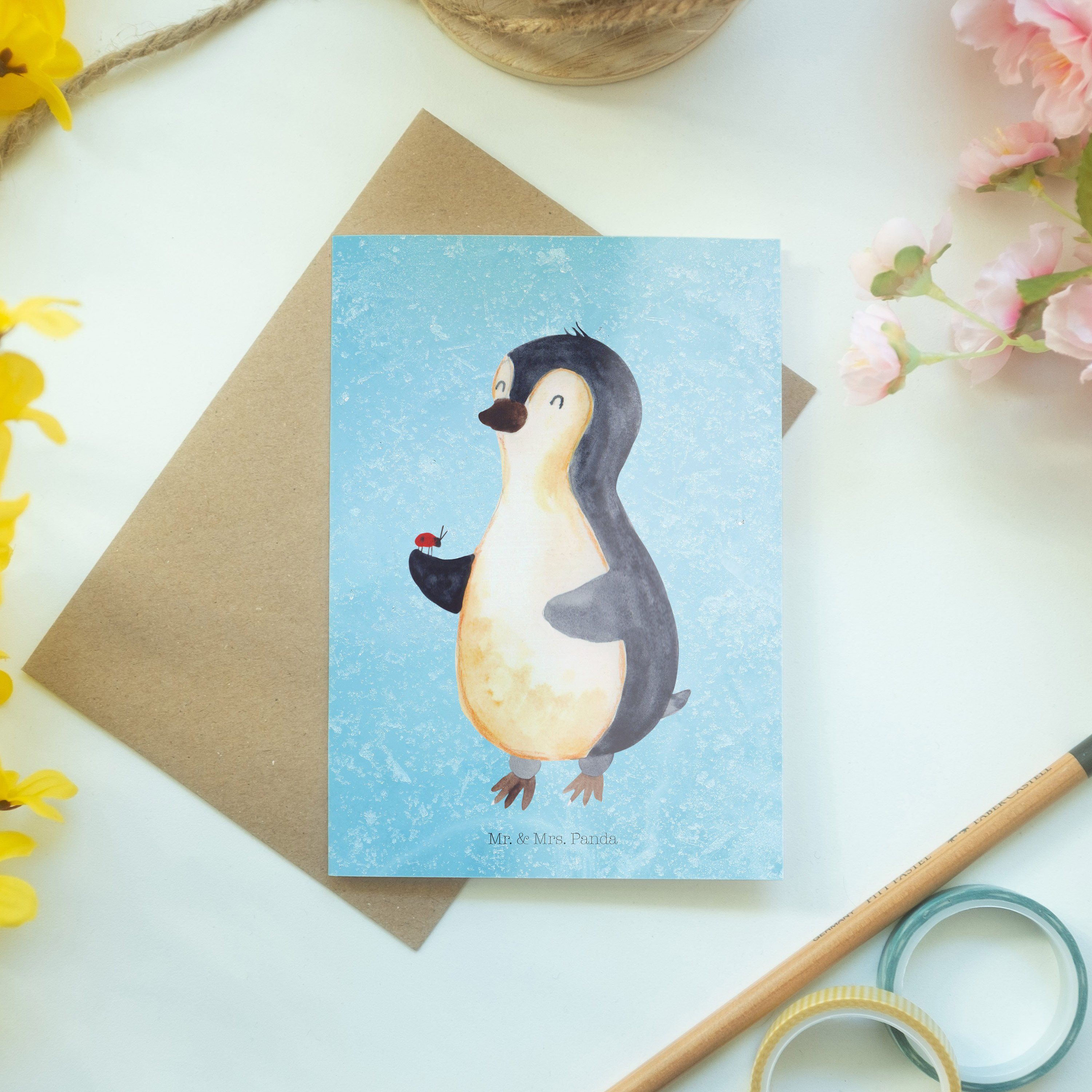 Pinguin Glüc & Liebe, - Panda Mrs. - Grußkarte Hochzeitskarte, Eisblau Marienkäfer Geschenk, Mr.