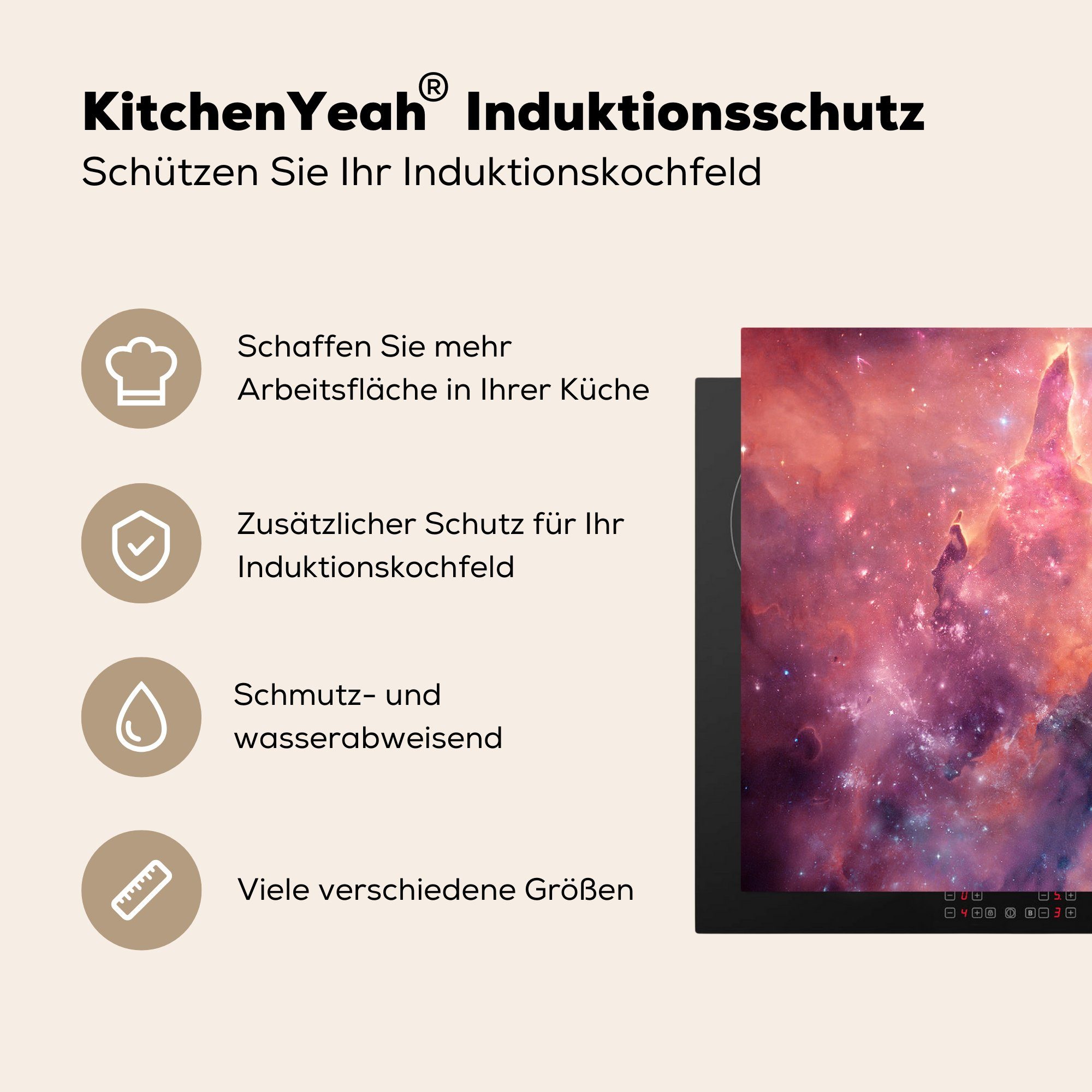 Vinyl, die Ceranfeldabdeckung - - tlg), Sterne, küche, für Schutz Induktionskochfeld MuchoWow Herdblende-/Abdeckplatte 81x52 Weltraum cm, Orange (1