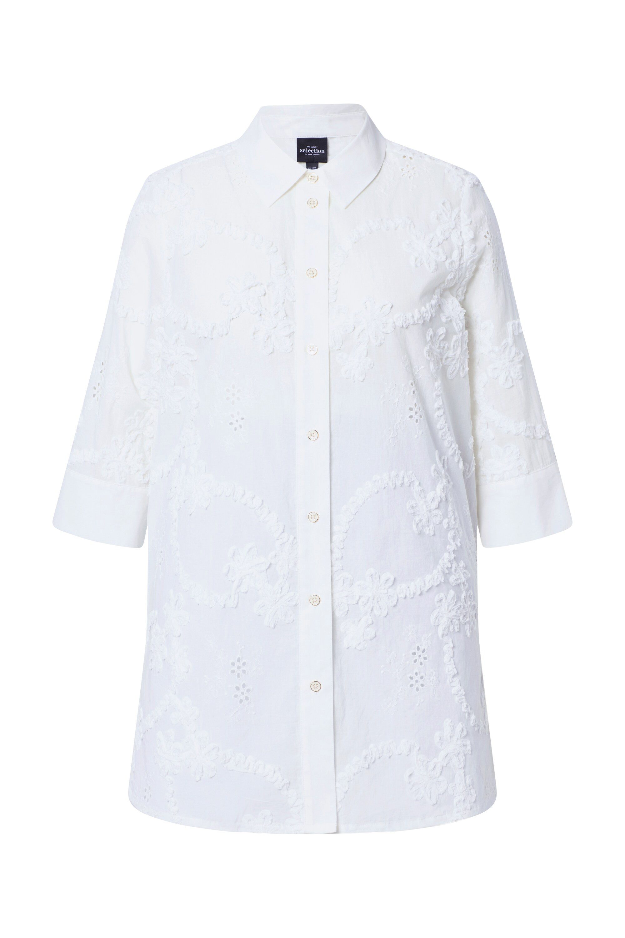 Longbluse Longbluse Stickerei Hemdkragen 3/4-Arm