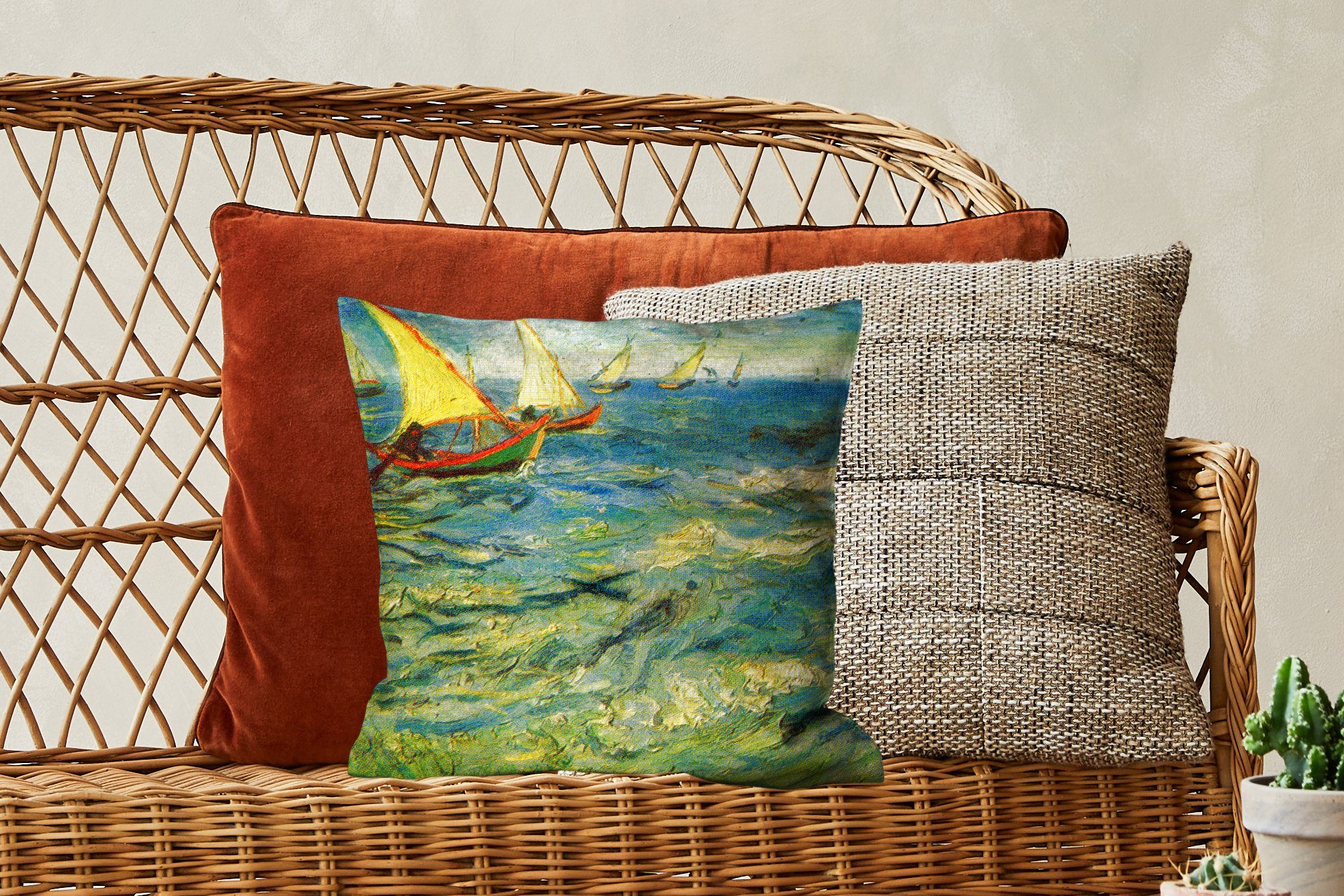 MuchoWow Dekokissen Fischerboote auf See von Vincent van Zierkissen für - Gemälde Sofakissen mit Gogh, Wohzimmer, Schlafzimmer, Füllung Deko
