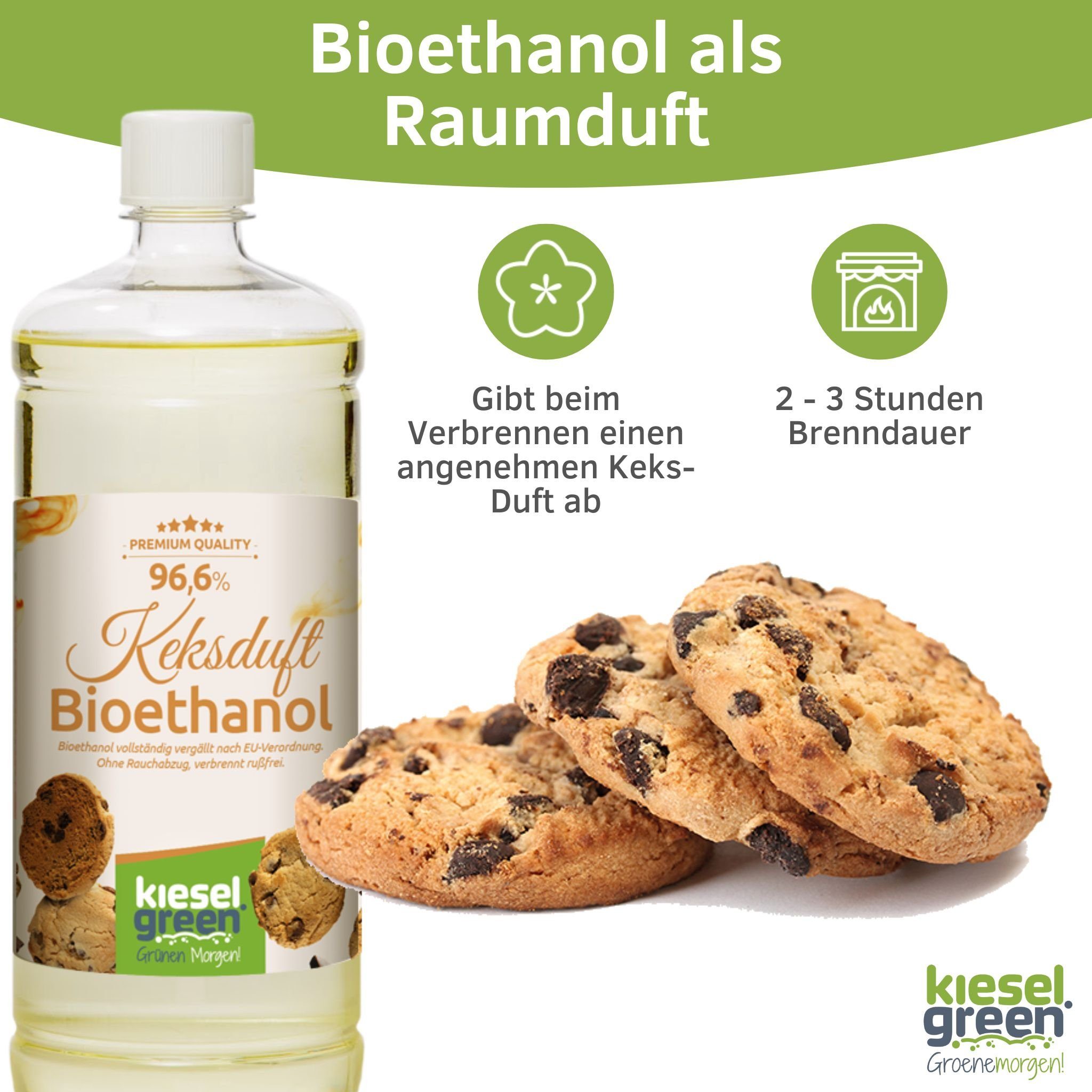 Duft Ethanol-Kamin Bioethanol 1 mit für Flasche Cookies Bioethanol KieselGreen KieselGreen Liter