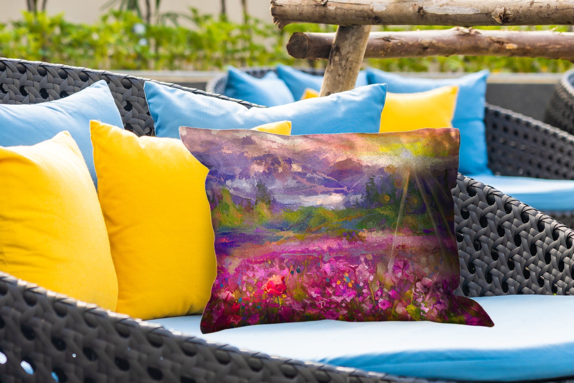 Dekokissenbezug, Sonne, Gemälde Outdoor-Dekorationskissen, - - MuchoWow Natur - Kissenhülle - Polyester, Blumen Dekokissen Ölfarbe