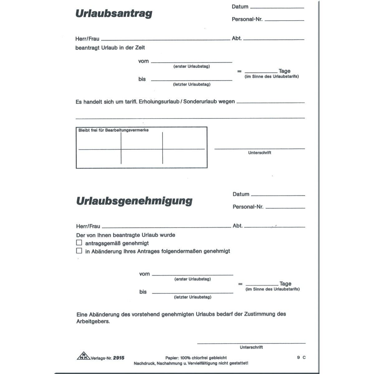 RNK Verlag Formularblock Formularbuch Urlaubsantrag Tarif- und Sonderurlaub A5 50 Blatt