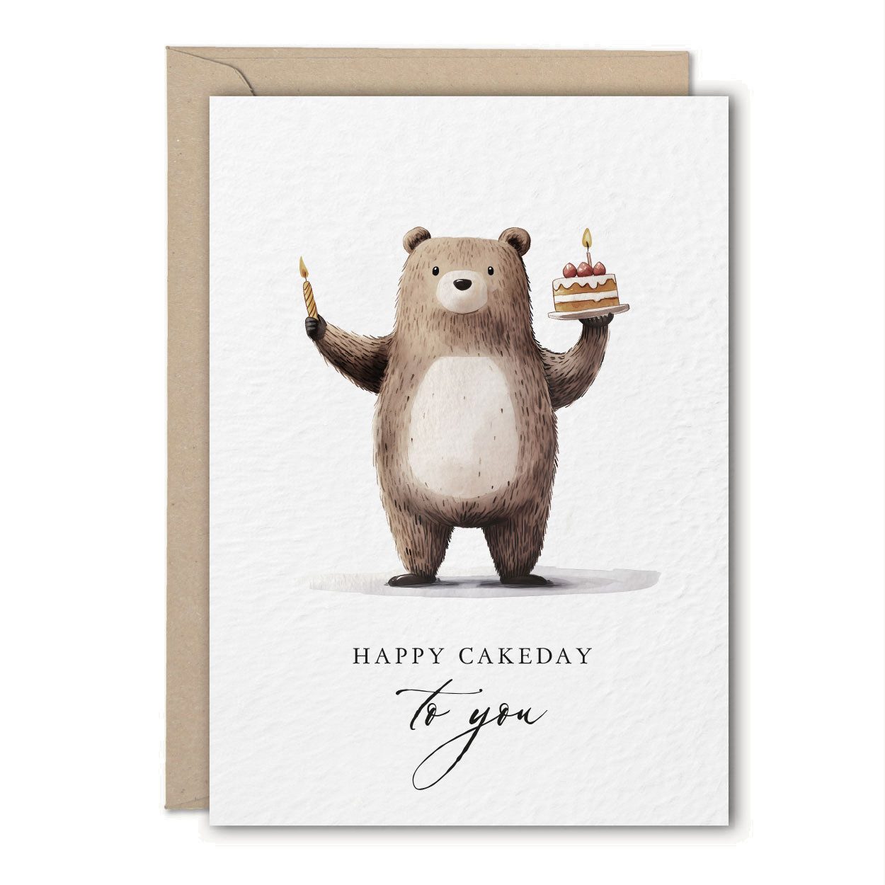 Geburtstagskarte "Happy Cakeday" mit Aquarellmotiv Bär, 3 STÜCK Grußkarte & Umschlag