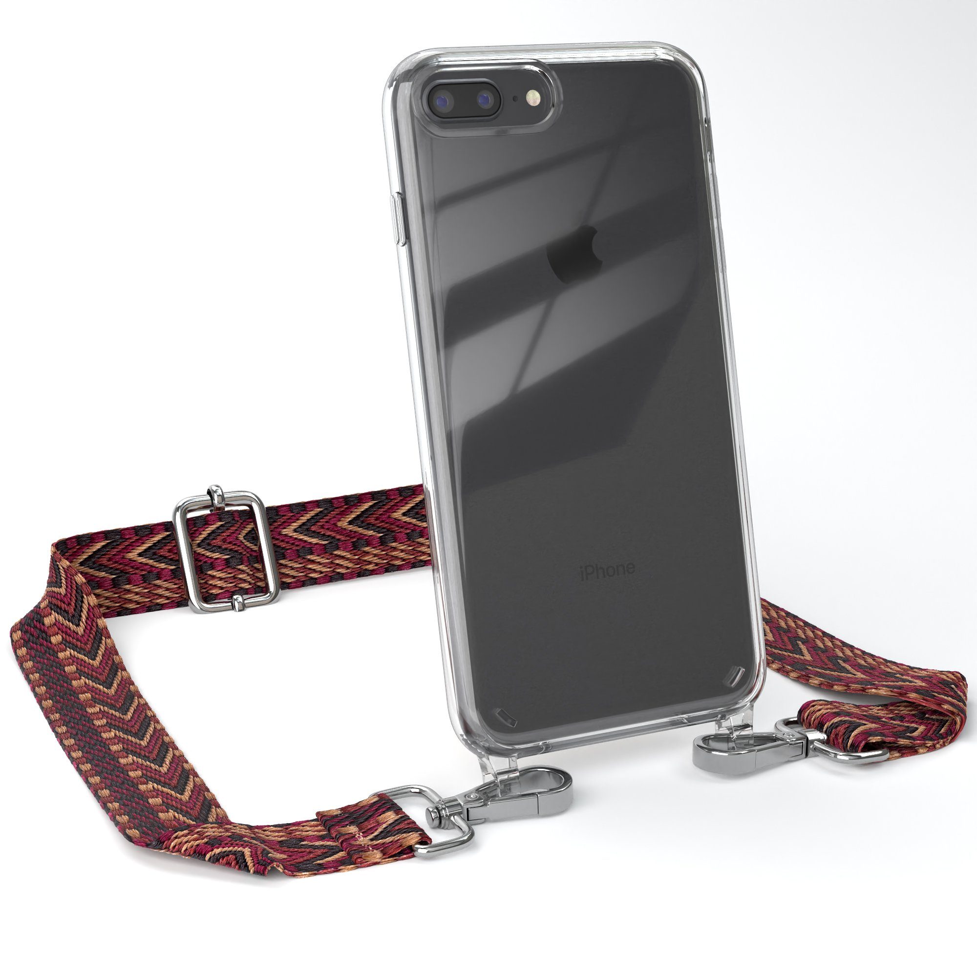 EAZY CASE Handykette Boho Umhängeband für Apple iPhone 8 Plus / 7 Plus 5,5  Zoll, dünner Riemen Silikon Hülle zum Umhängen Umhängetasche schmal Etui Rot