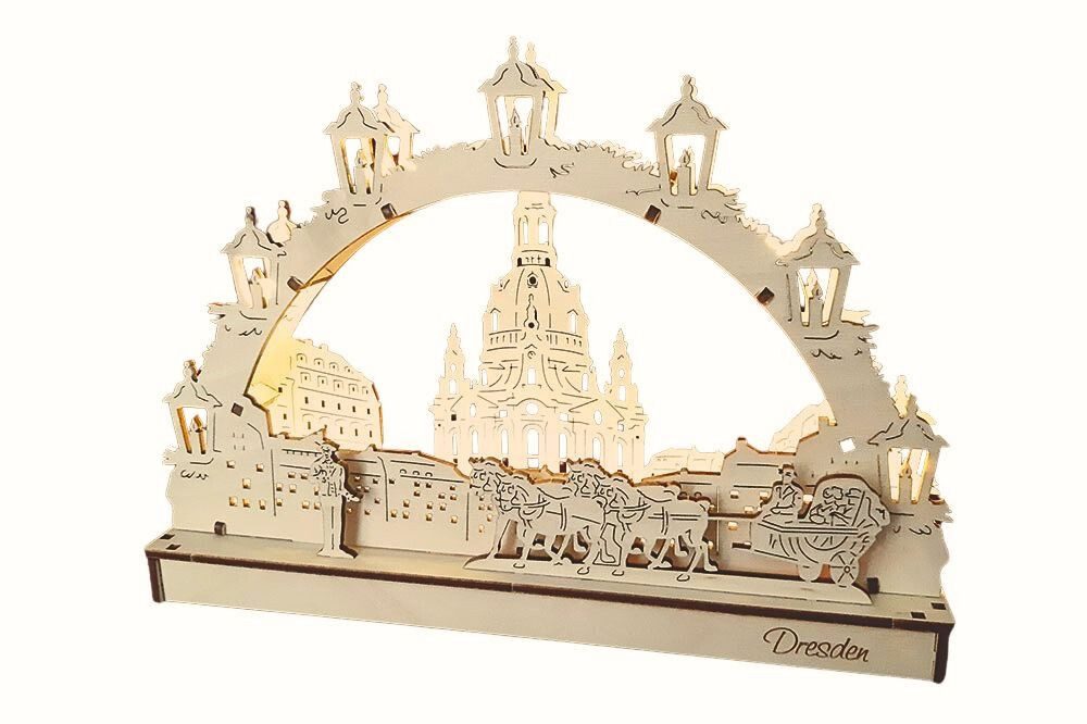 DeColibri LED Schwibbogen LED Schwibbogen Bausatz 3D - Dresdner Frauenkirche Dresden, Batterie, Holzkunst aus Sachsen, beleuchtet