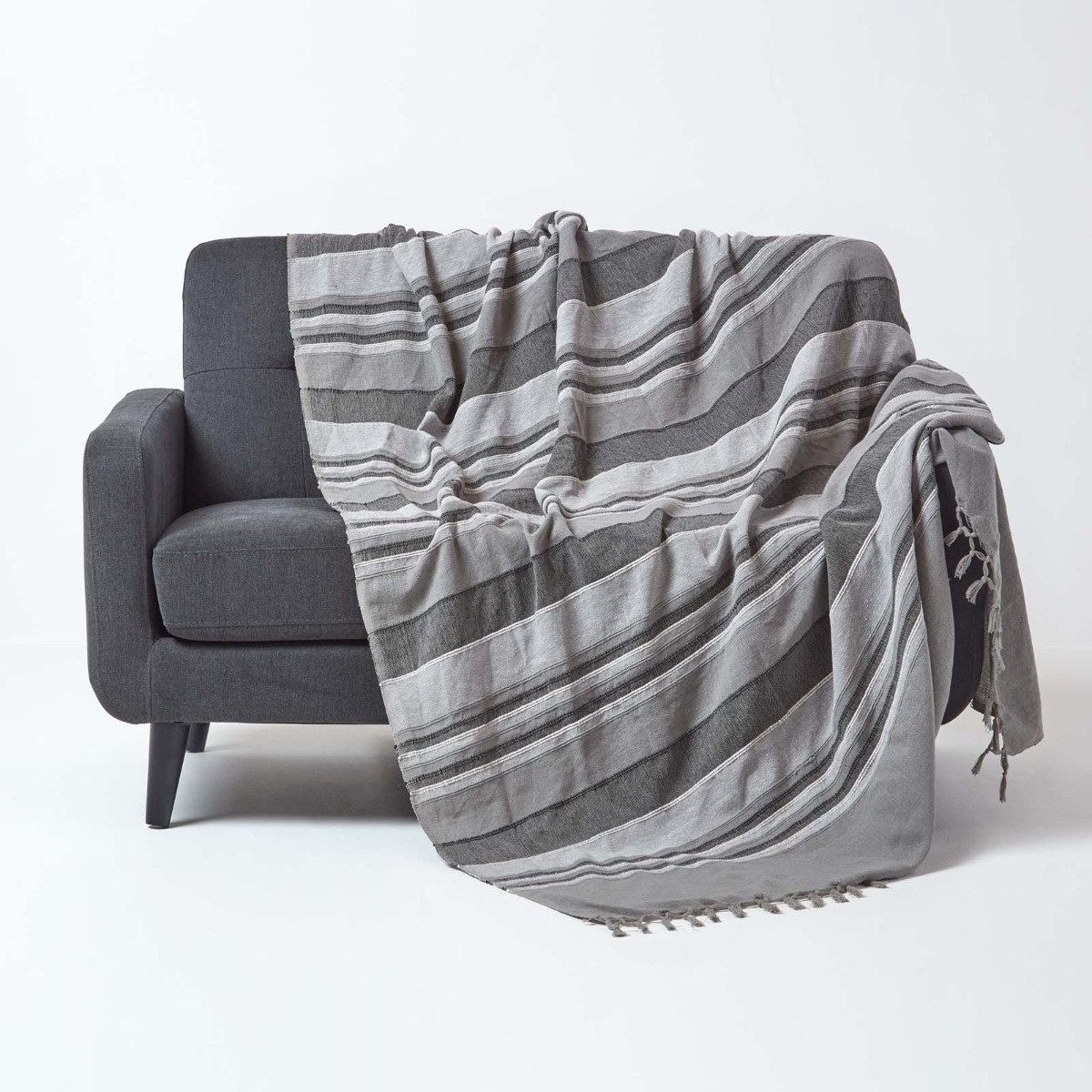 Plaid Tagesdecke Morocco, grau gestreift, 225 x 255 cm, Homescapes