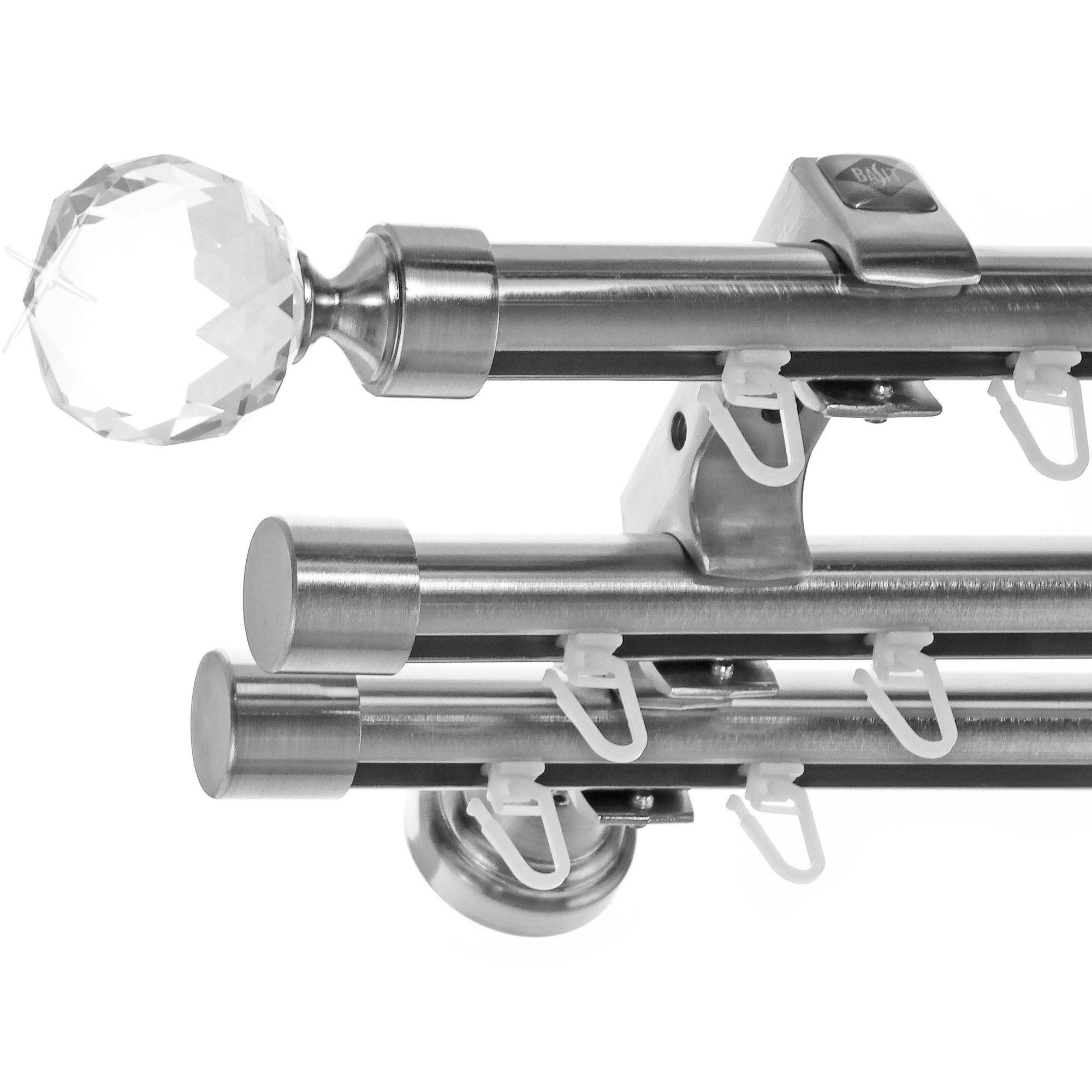 BASIT Gardinenstange Innenlauf Edelstahloptik 20mm mit Wandträgern 160 cm E87, Ø 20 mm, 3-läufig, verschraubt, Metall, H60III 160 cm E87 Kristall Kugel