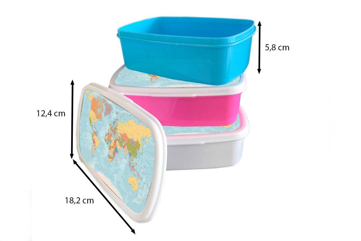 MuchoWow Lunchbox Kunststoff, Atlas, Kinder, Brotdose Brotbox - Farben (2-tlg), - Mädchen, Weltkarte für Kunststoff Snackbox, rosa Erwachsene