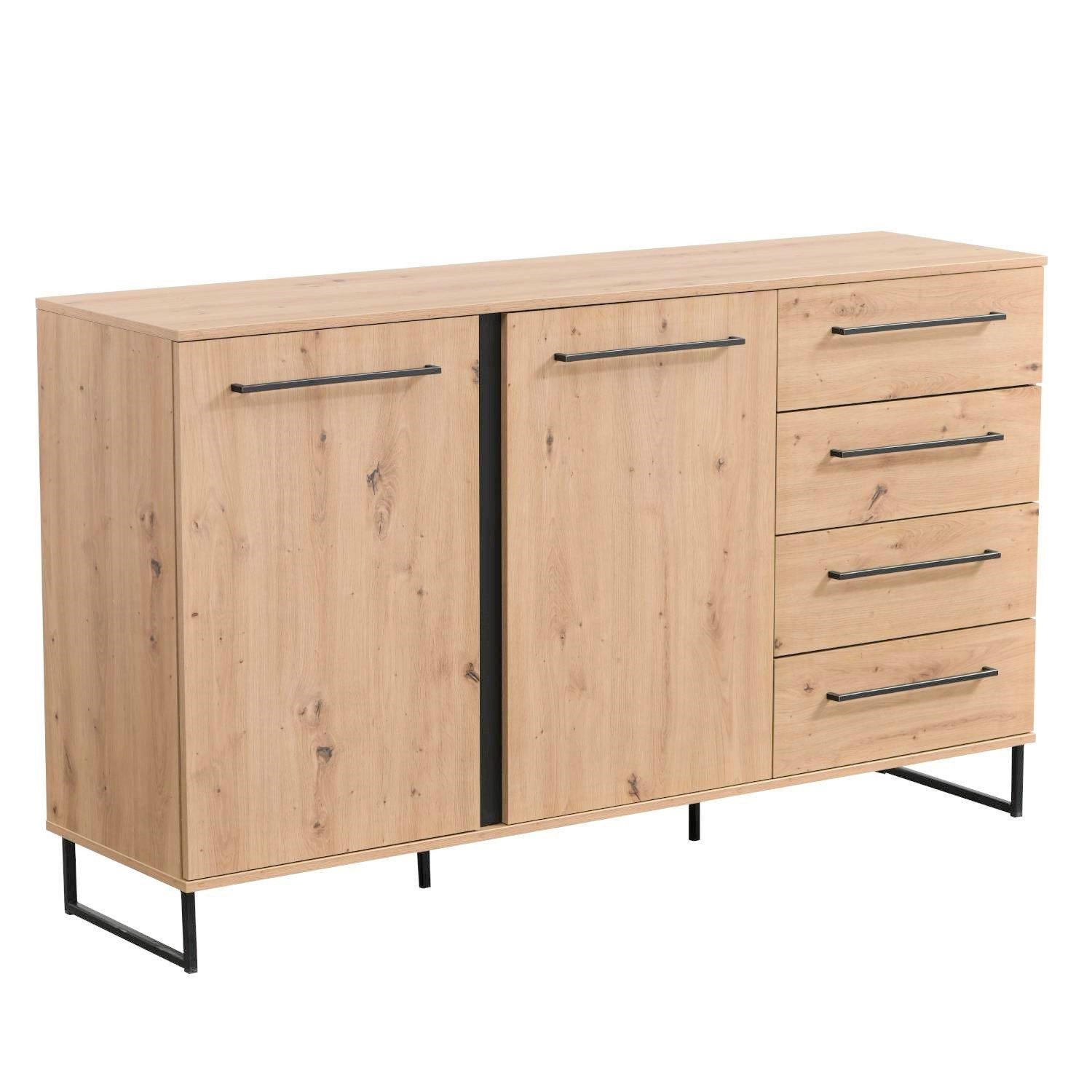 Homestyle4u Kommode Holz Sideboard Flur Wohnzimmer Eiche in Schwarz Schublade, 4 Schubladen, 4 Fächer, Kufen