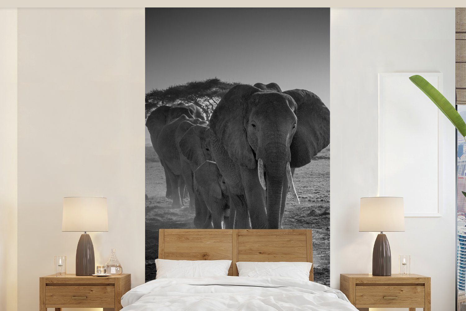 MuchoWow Fototapete Elefant - Einfarbig - (2 Tiere Matt, Küche, Weiß, - Schlafzimmer bedruckt, - Schwarz St), Vliestapete Wohnzimmer Fototapete für