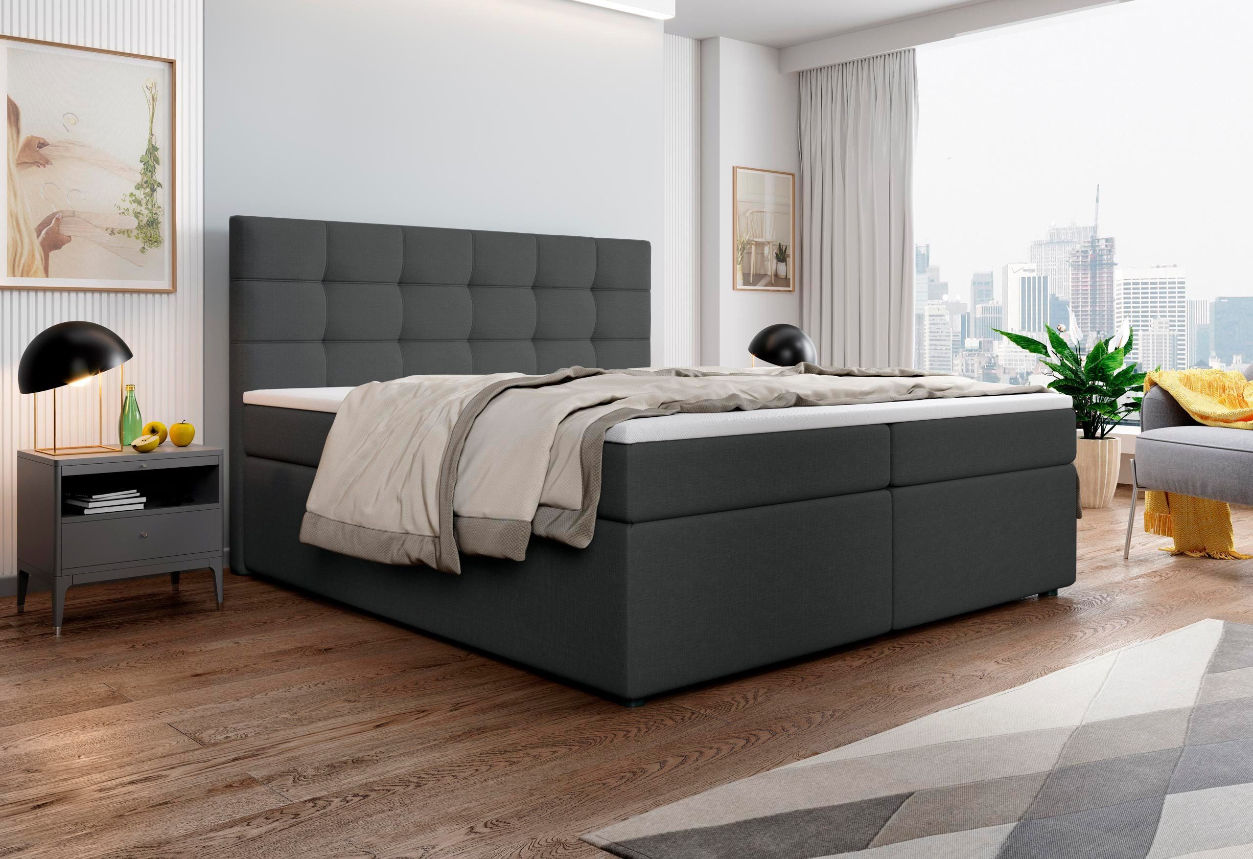 Masseno Boxbett PALMA 160x200 cm mit Bonell Matratze und Topper, Doppelbett, Polsterbett mit Kopfteil, Boxspringbett
