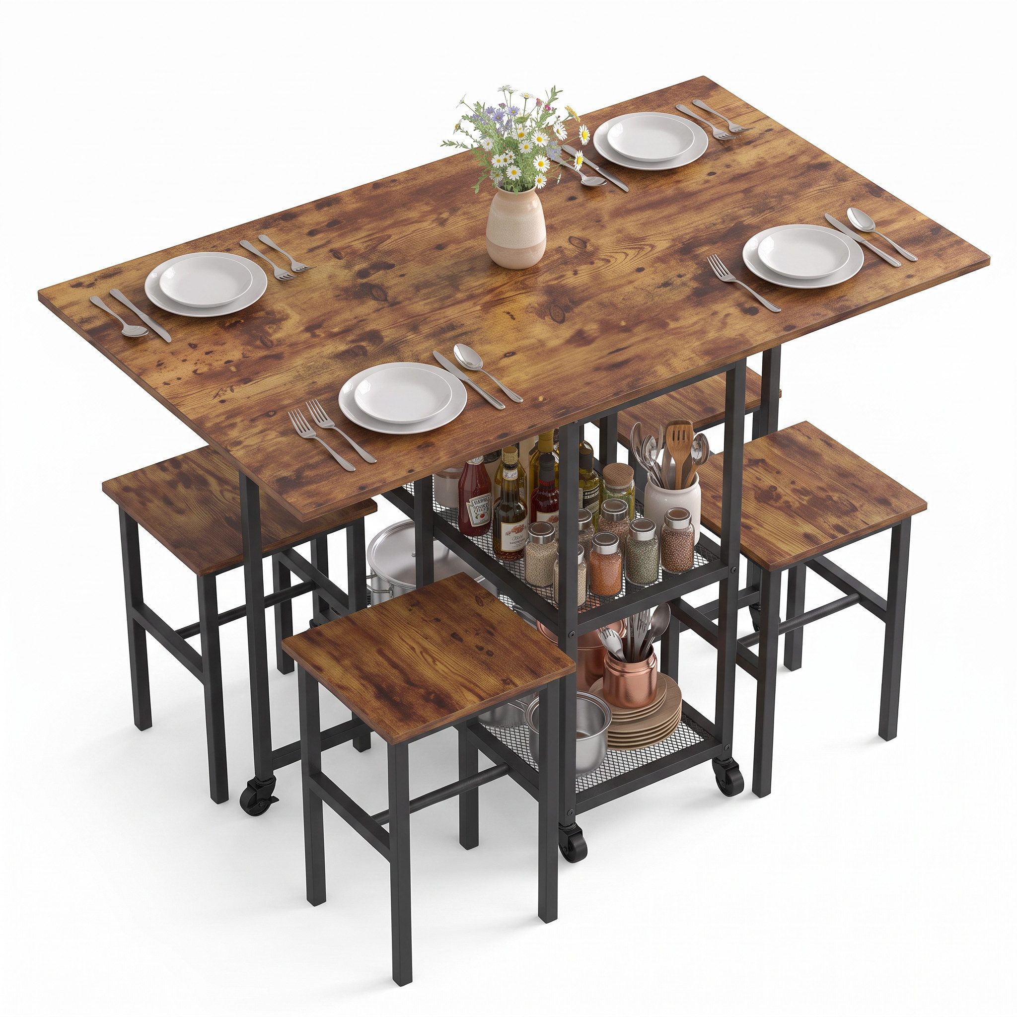 Mondeer Essgruppe Klapptisch-Set, mit 4 Hockern, 6 Rollen & Stauraum, Platzsparend für Esszimmer & Küche