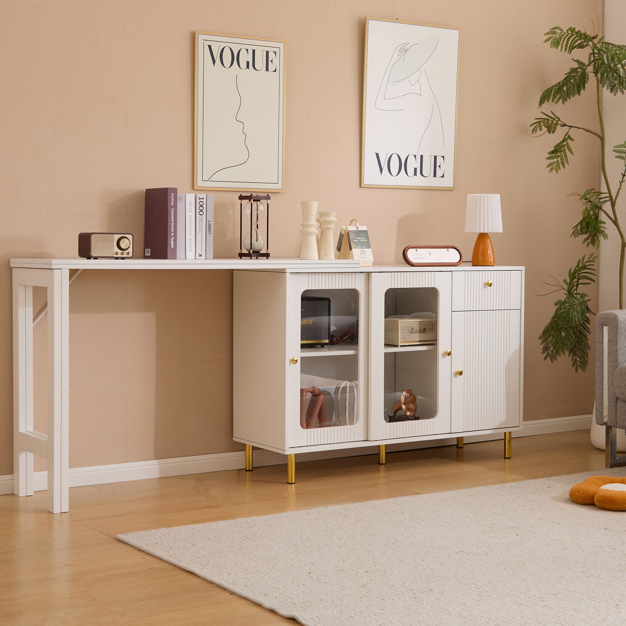 Flieks Sideboard mit klappbarem Ausziehtisch 360° drehbar Weiß (Set, 1 St., erweiterbare Tischplatte 40-80cm), Küchenschrank Esstisch mit 2 Glasschiebetür und 1 Schubladen