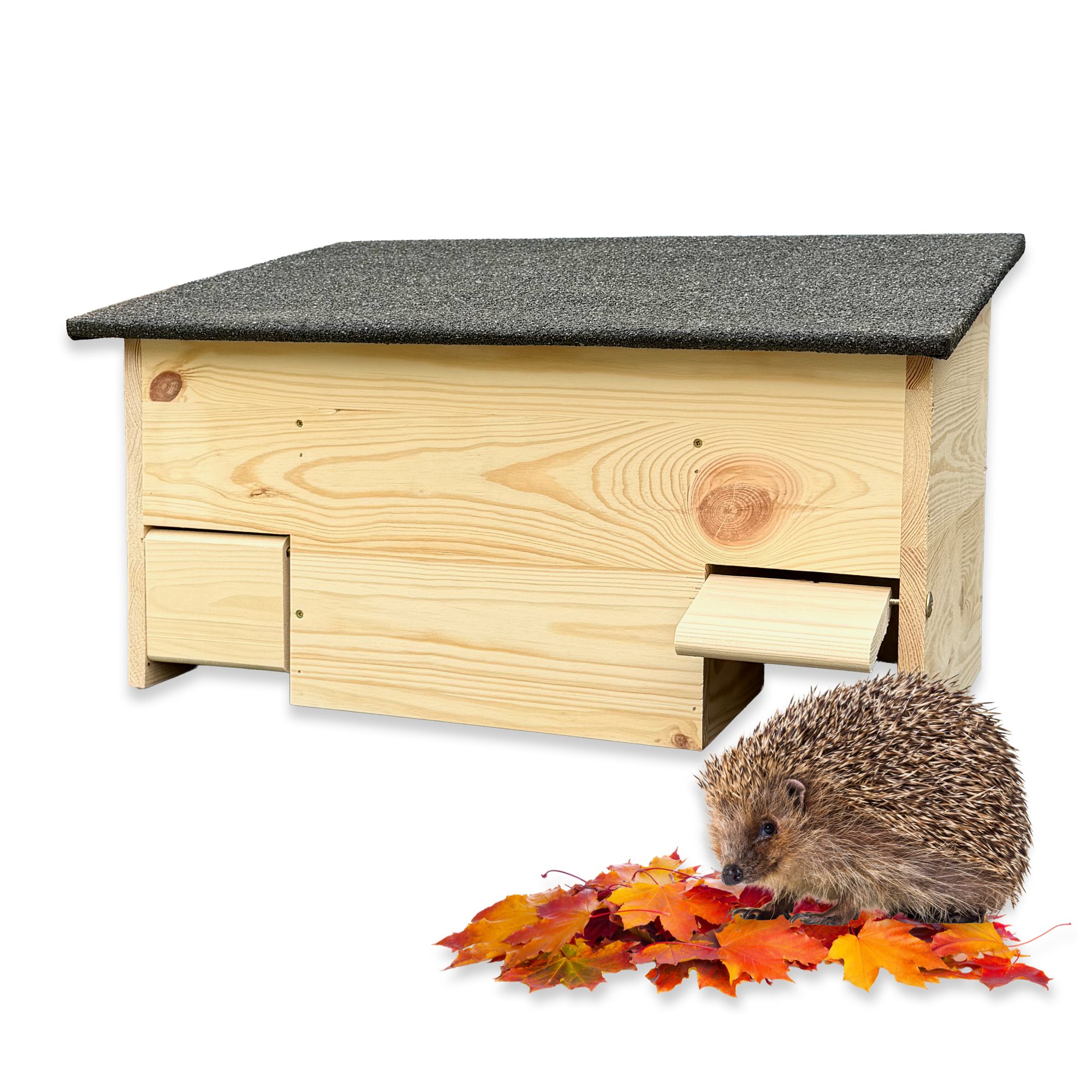 gartenetage Igelhaus Igelfutterhaus mit zwei Eingängen und Rattenklappen, Katzen- und Rattensicher/ Wetterfest & aus Massiv-Holz