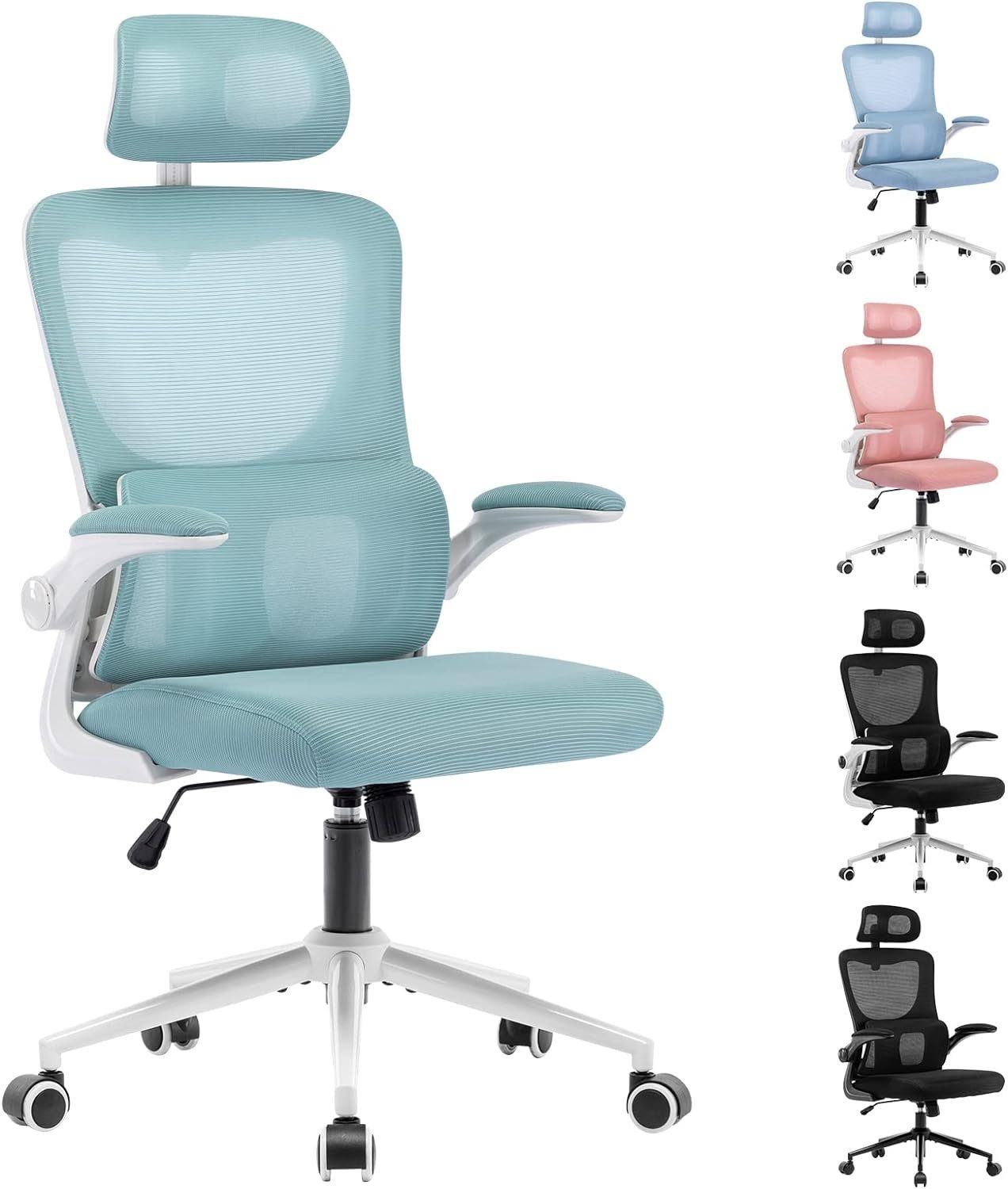 LIYURUI Bürostuhl (Stuhl mit Lordosenstütze/gepolsterter hochklappbarer Armlehne), Büro,Verstellbarer Schreibtischstuhl mit Kopfstütze atmungsaktiv 136Kg