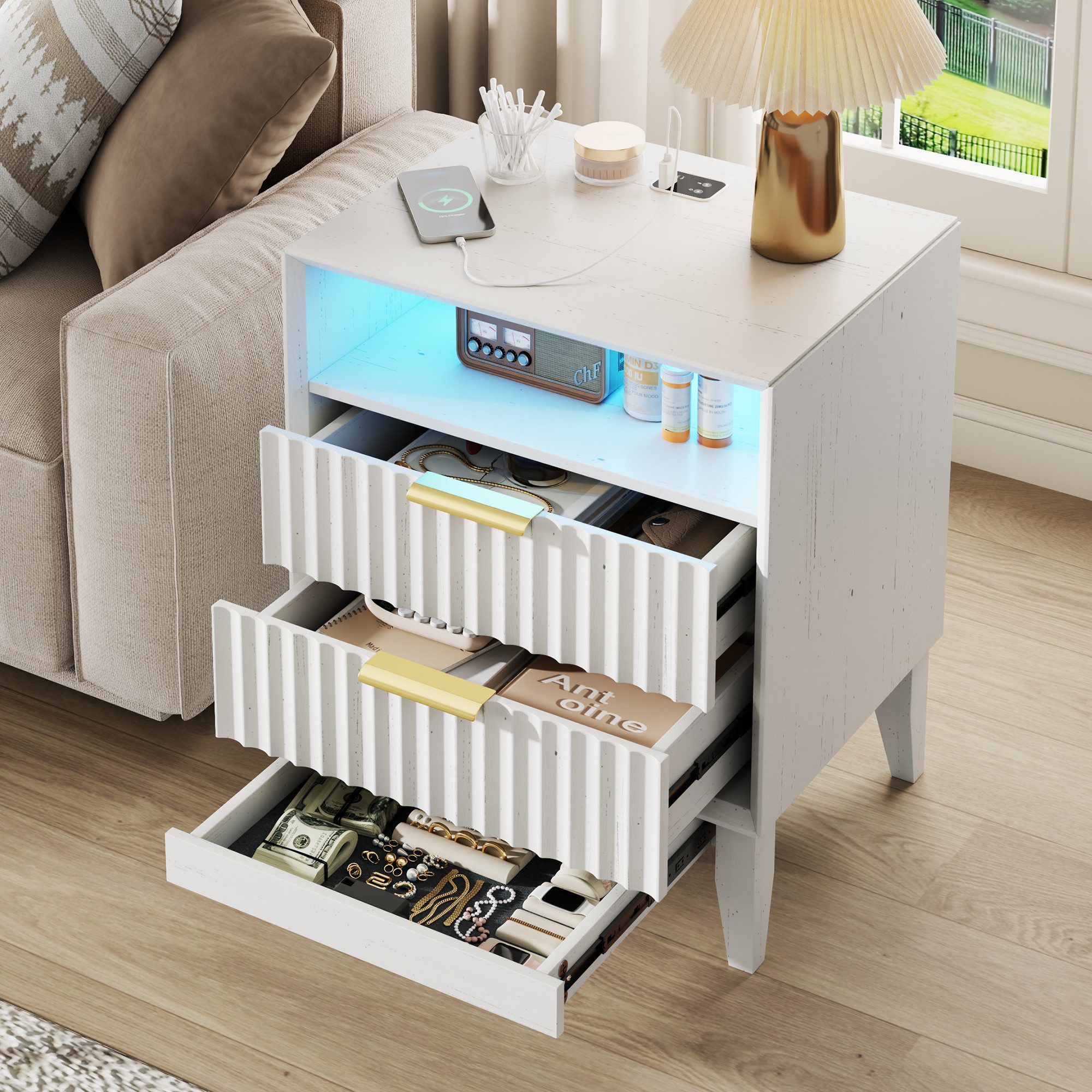 LVSOMT Nachttisch im Mid-Century-Modern-Stil, mit Ladestation und LED-Beleuchtung (1-St), versteckte Schublade mit RFID-Schloss & offenes Ablagefach