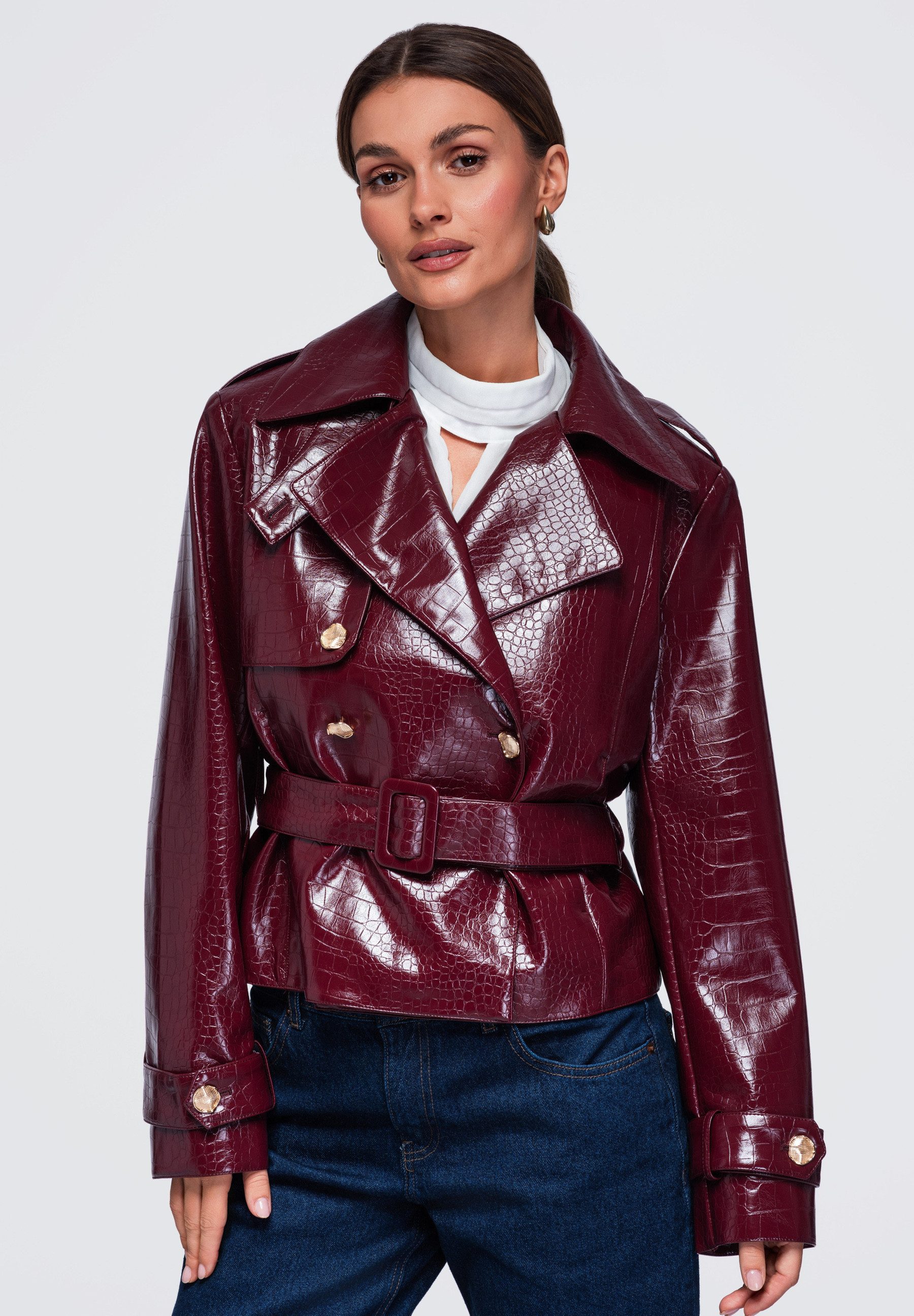 OMBRE Lederimitatjacke Damen Lederimitatjacke mit Taillengürtel Bordeaux M (kein Set, 1-St)
