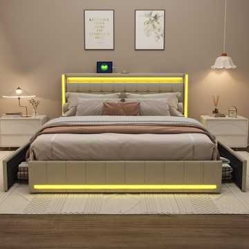NMonet Polsterbett Doppelbett Stauraumbett (Geeignet für Jugendliche und Kinder), mit LED-Beleuchtung und USB/Type-C Anschlüssen, Leinen, 140x200cm