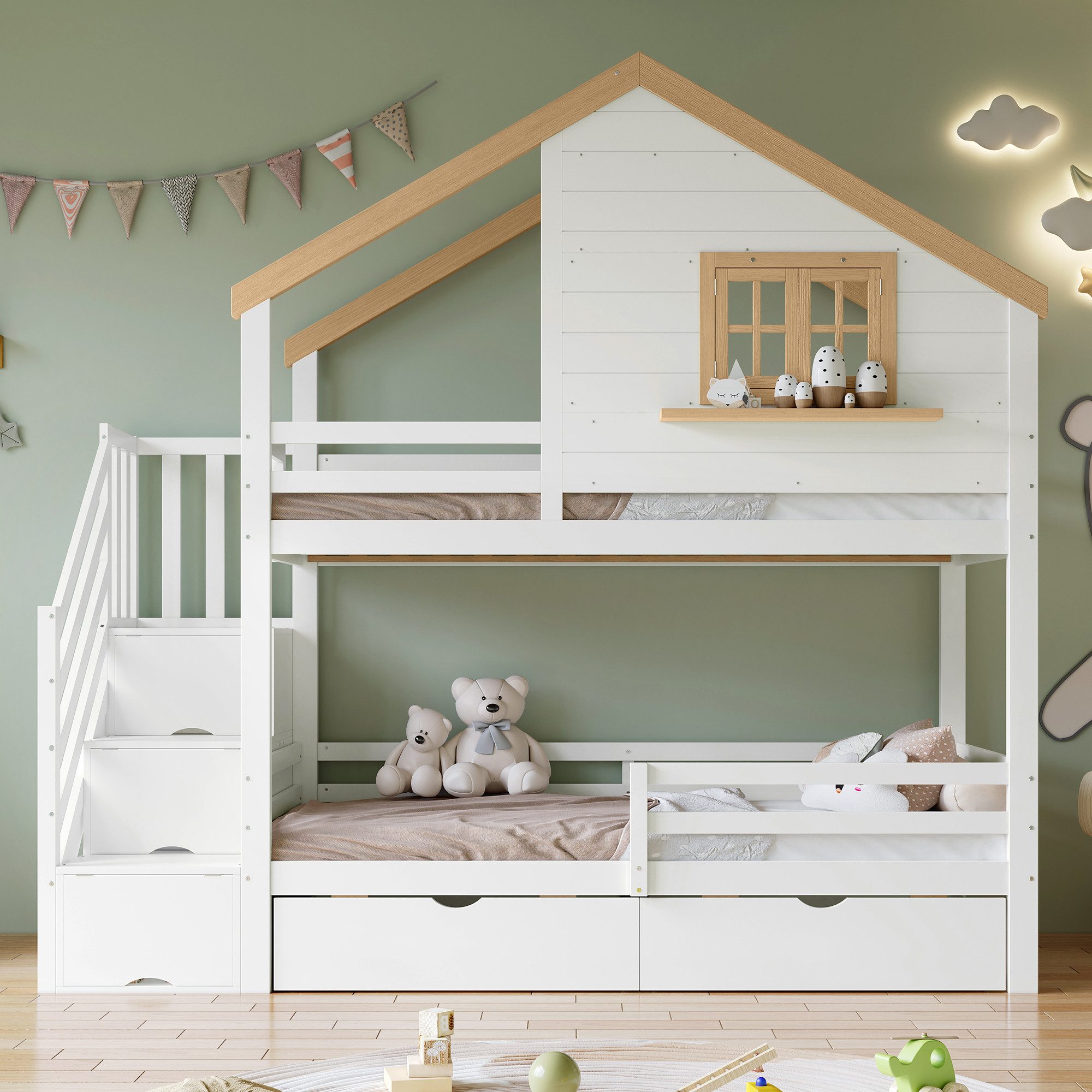 Flieks Etagenbett, Kinderbett Hausbett 90x200cm mit 2 Schubladen, Fenster, günstig online kaufen