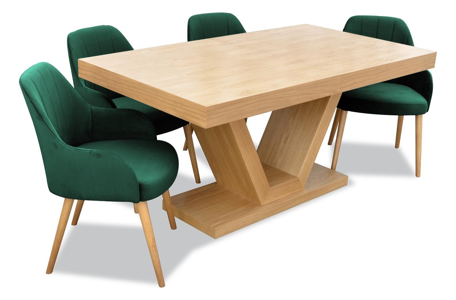 Flasches Velourstoff (kronos gepolsterte Tischplatte KLARA, Stühle Beautysofa grün mit mit ausziehbare Sitzgruppe Lack, - 19) + 210 (Eichenfurnier modernes mit 160 4x cm), Set
