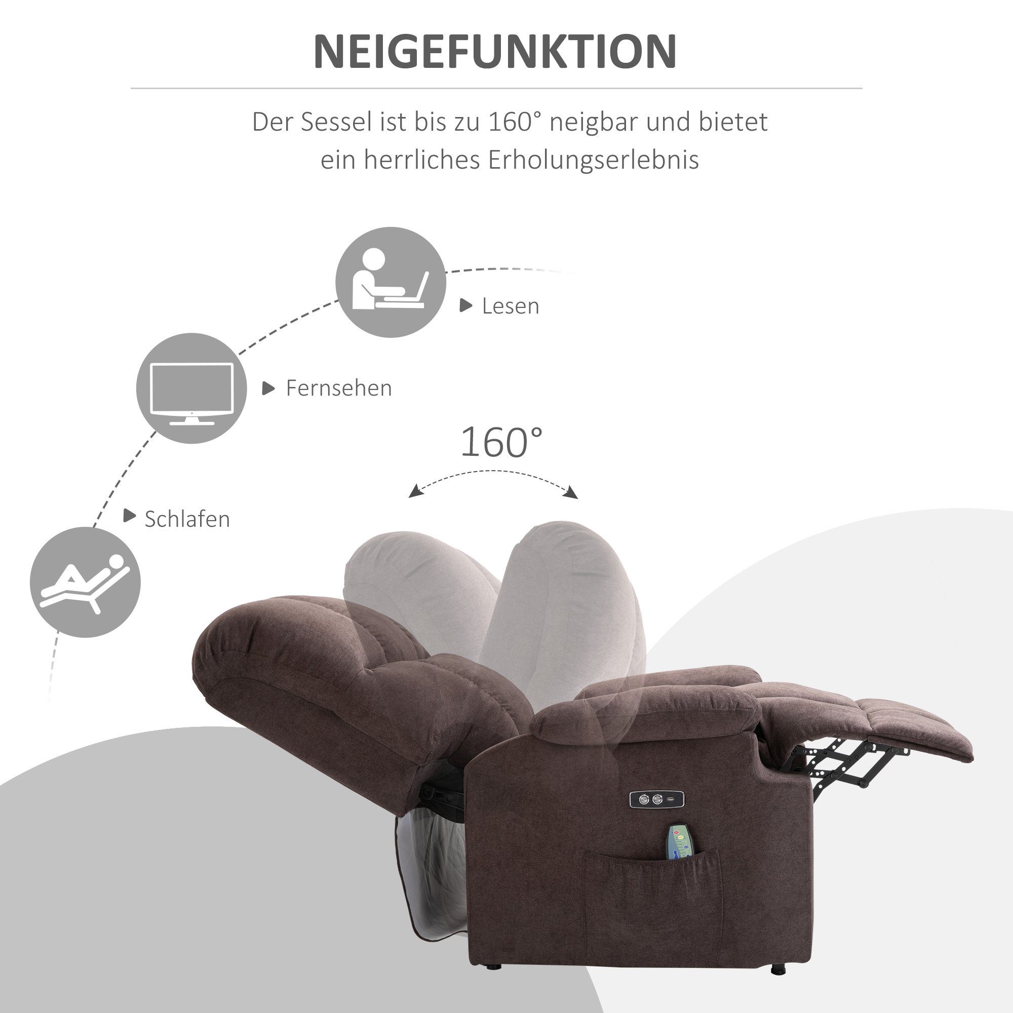 1-St., Massagesessel HOMCOM mit belastbar Sessel bis kg TV-Sessel Aufstehhilfe, (Relaxsessel, mit USB-Anschluss 150 Fernsehsessel),