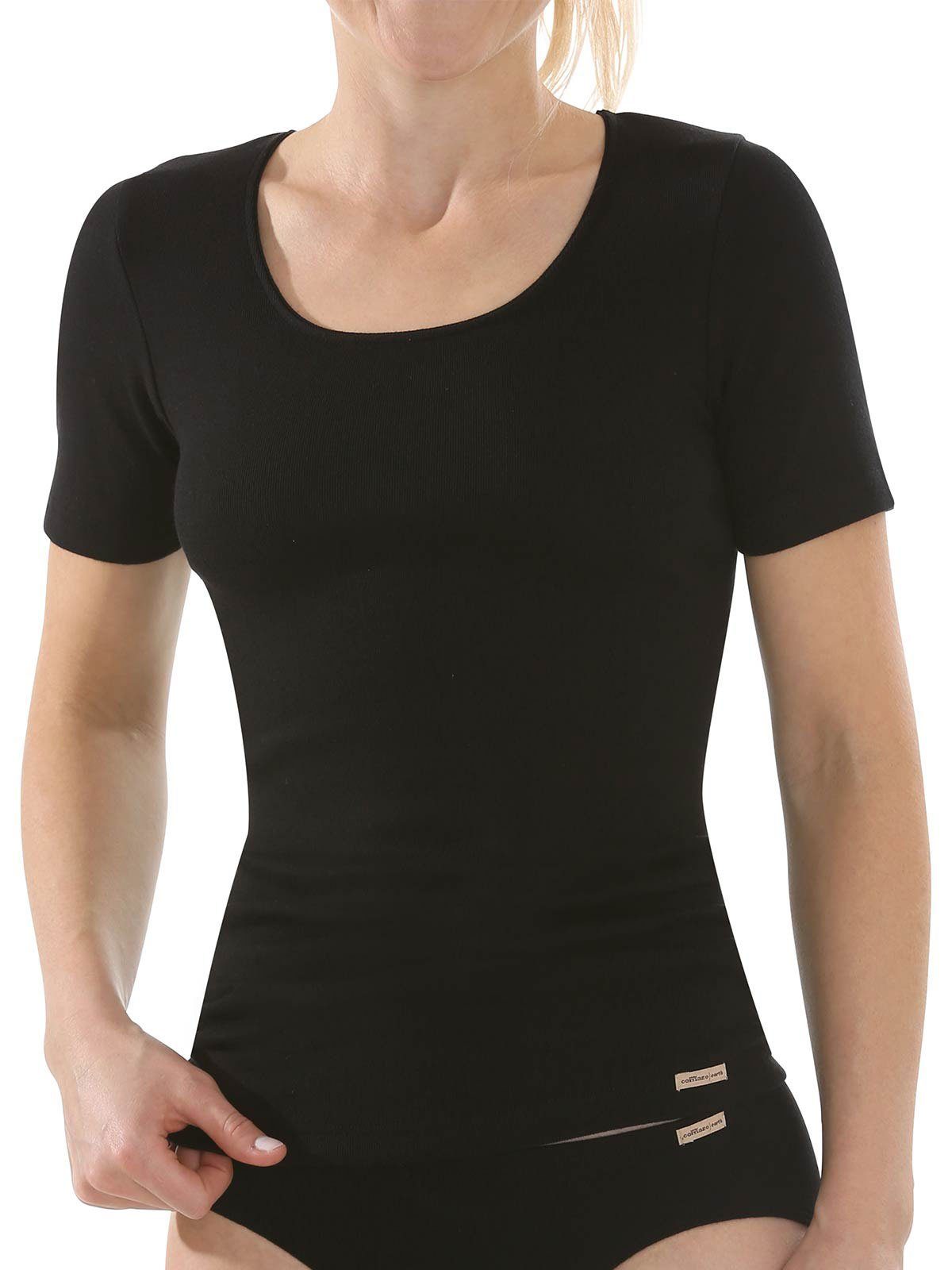 COMAZO Unterhemd Damen Baumwoll Shirt 1/4 Arm (Stück, 1-St) Vegan schwarz