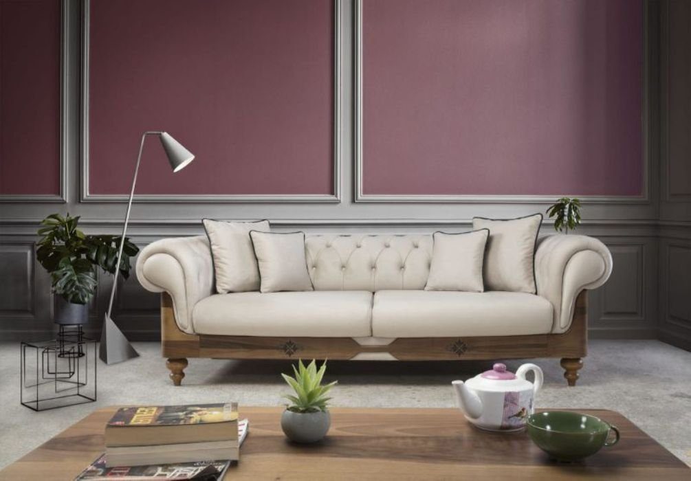 JVmoebel 3-Sitzer Braun-Weißes Chesterfield Sofa Designer Wohnzimmer Couch Sitzmöbel, 1 Teile, Made in Europa