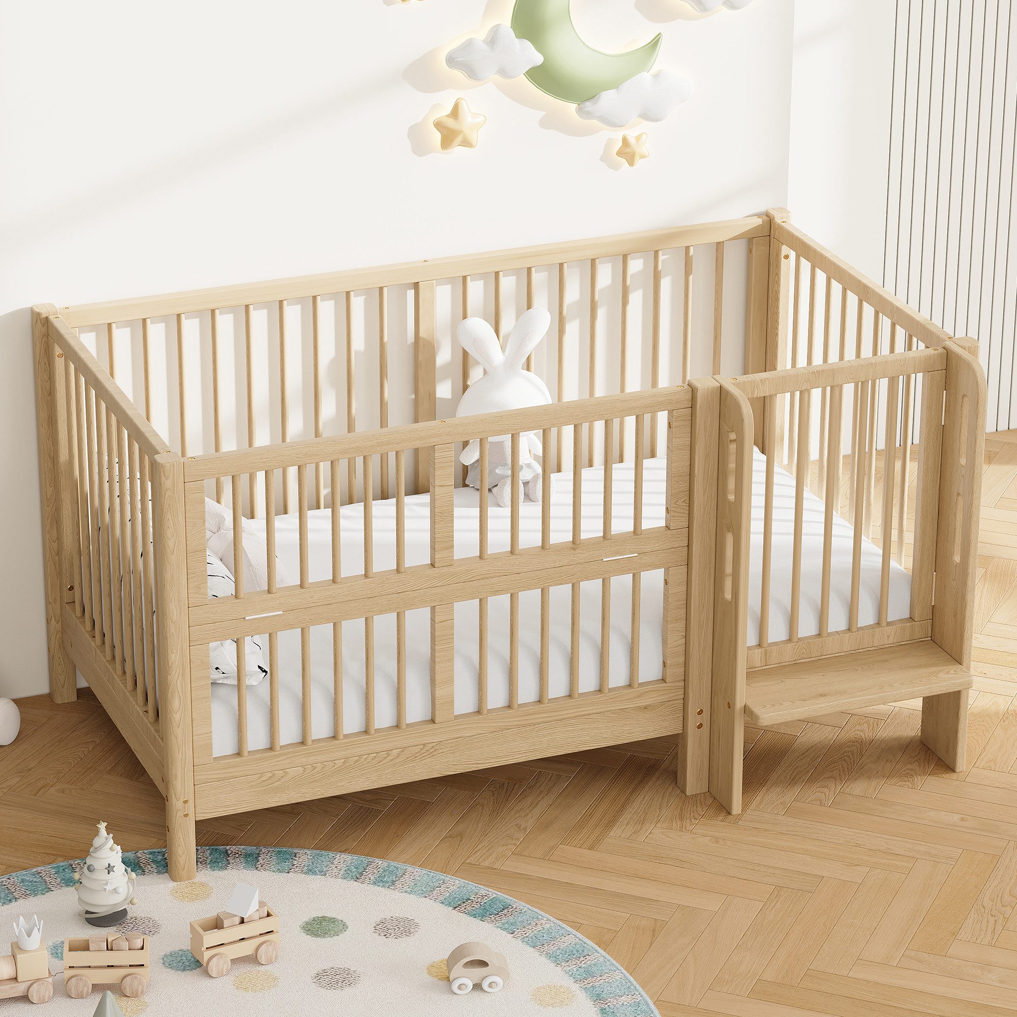 Merax Babybett Babybett Gitterbett 140x70 cm, Kinderbett aus Massivholz, 1-tlg., umwandelbar in Anstellbett, mit Schutzgeländer, Sicherheitsverschluss