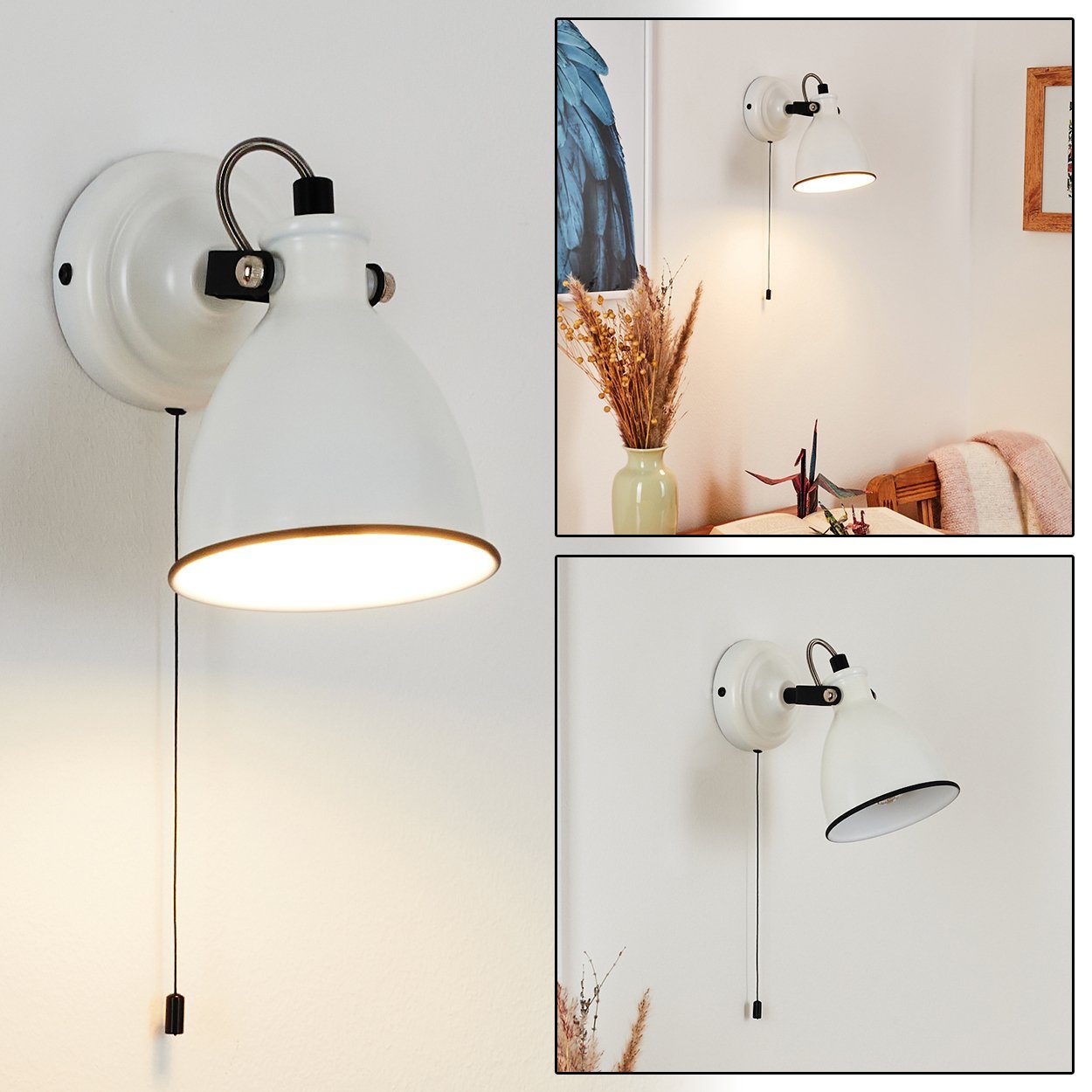 hofstein Wandleuchte »Spadacenta« Vintage Wandlampe aus Metall, Weiß matt/Schwarz, ohne Leuchtmittel, Retro-Design, mit Zugschnur am Gehäuse, 1xE14, verstellbarer Strahler