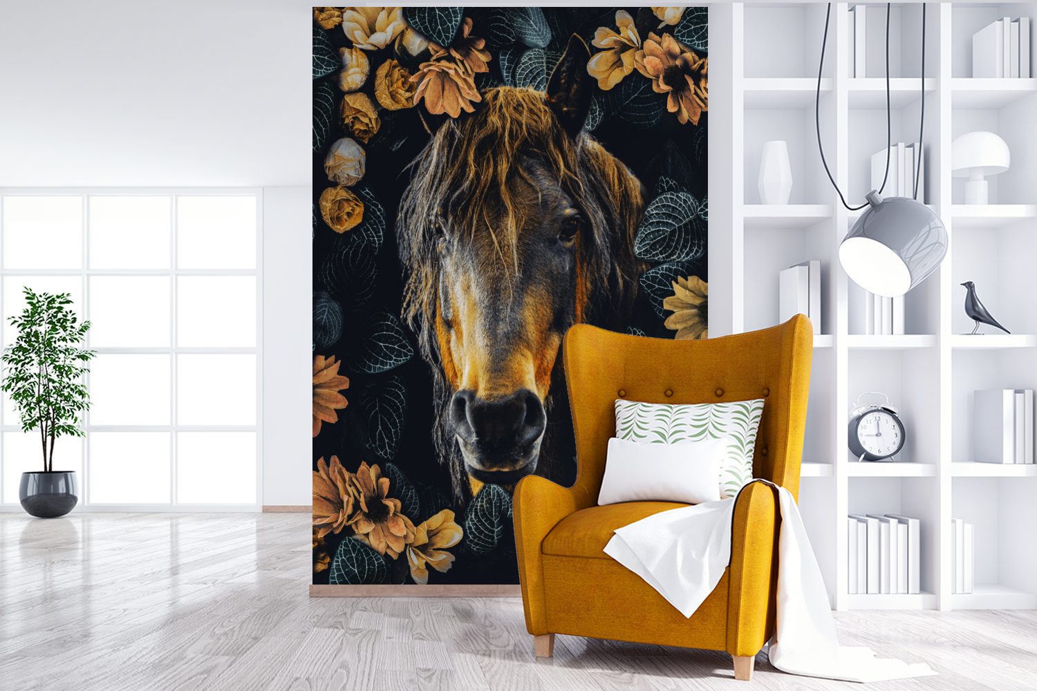 Fototapete MuchoWow Orange, Wohnzimmer, Tapete Pferd für bedruckt, Montagefertig Matt, Vinyl - - Wandtapete (3 St), Blumen