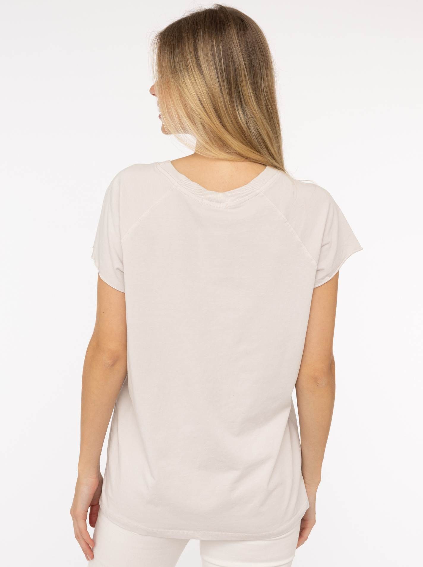 Zwillingsherz Kurzarmshirt "Positive Mind" V-Ausschnitt, Kurzarm, hinten etwas länger, Baumwollmischung