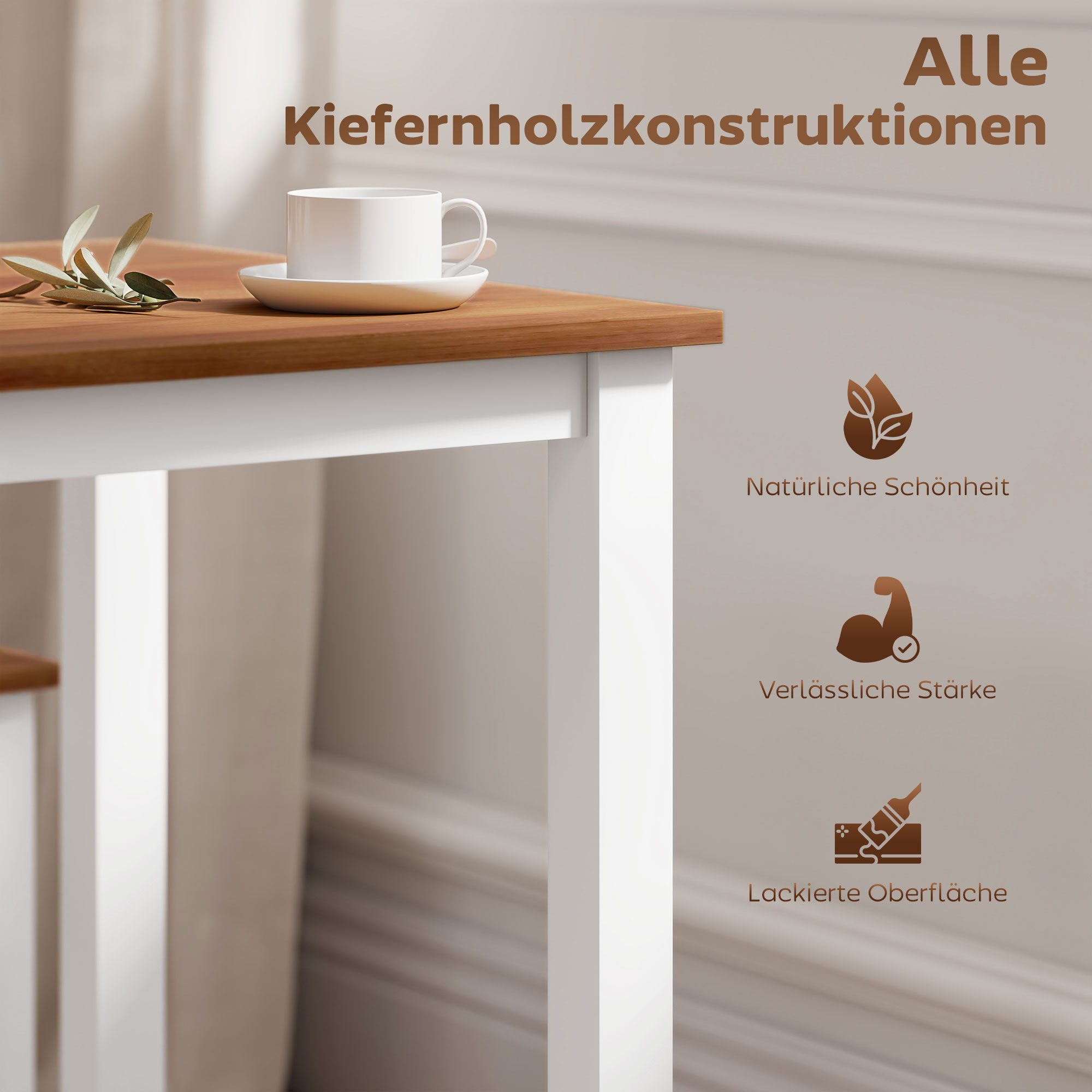 HOMCOM Essgruppe Esstisch mit 4 Stühlen Platzsparend Esszimmergruppe, (Rechteckig Küchentisch-set, 5-tlg., Sitzgruppe aus Kiefernholz), für Esszimmer, Küche, 10 – Bild 5 von 5