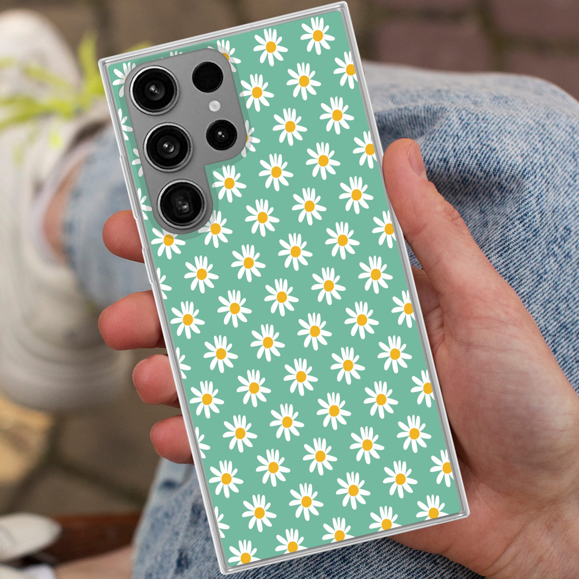 MuchoWow Handyhülle für Samsung Galaxy S23 Ultra Gänseblümchen - Muster - Grün - Blumen