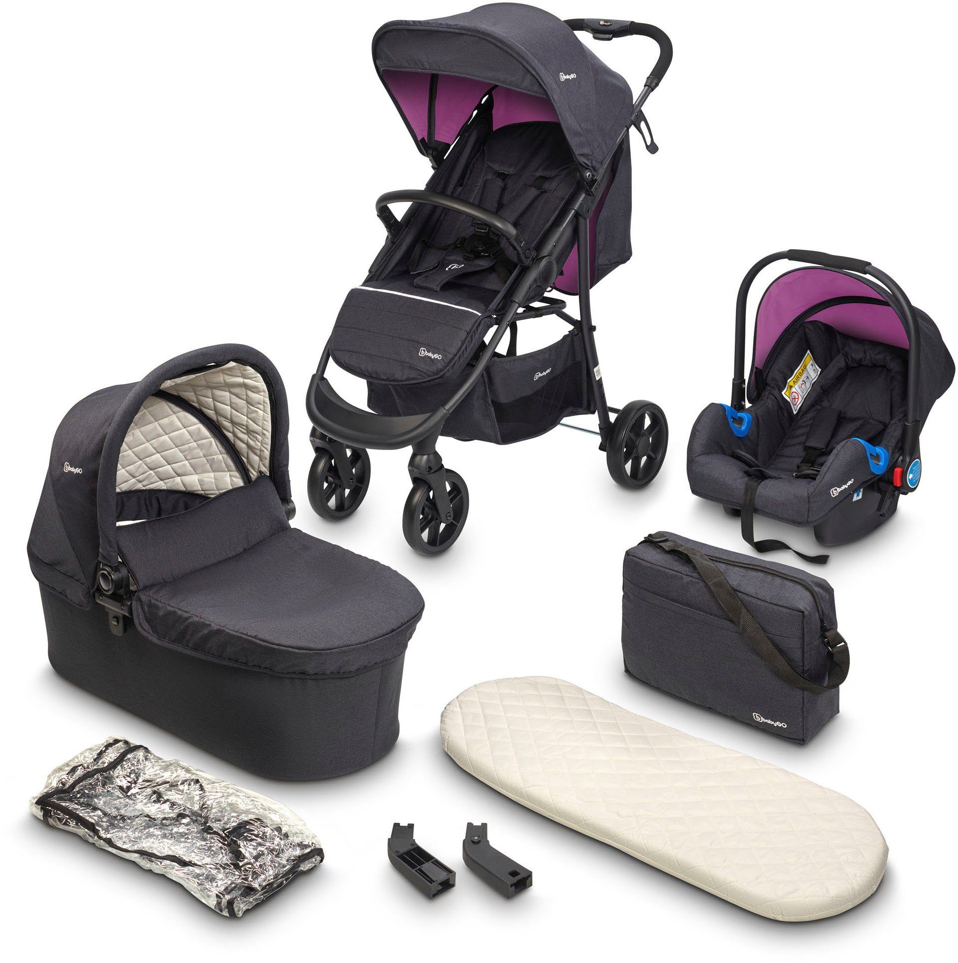 BabyGo Kombi-Kinderwagen Style - 3in1, schwarz/lila, inkl. Babyschale mit  Adaptern u. Wickeltasche