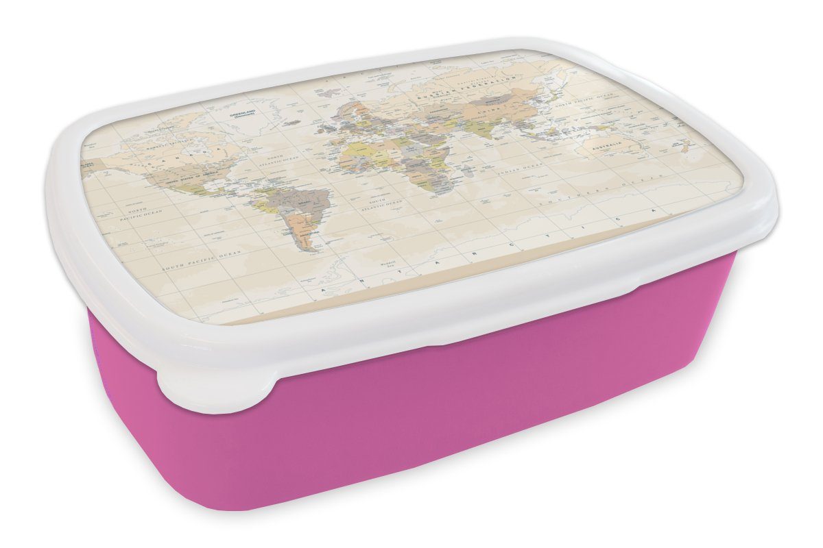 MuchoWow Lunchbox Welt - Karte - Retro, Kunststoff, (2-tlg), Brotbox für Erwachsene, Brotdose Kinder, Snackbox, Mädchen, Kunststoff rosa