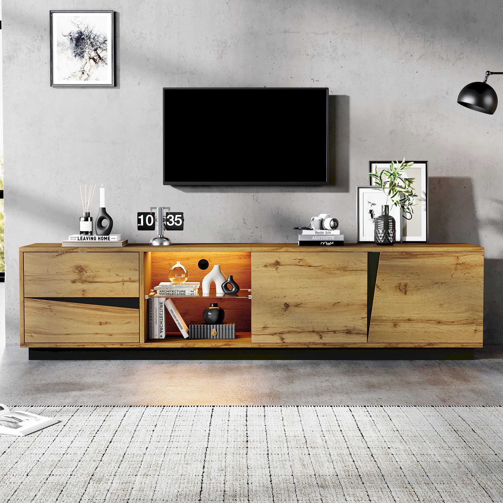 KLAM HOME Lowboard TV-Schrank 180cm mit LED-Beleuchtung für Wohnzimmer (Lowboard mit 2 Schubladen, 2 Türen und Glasablage aus MDF), …