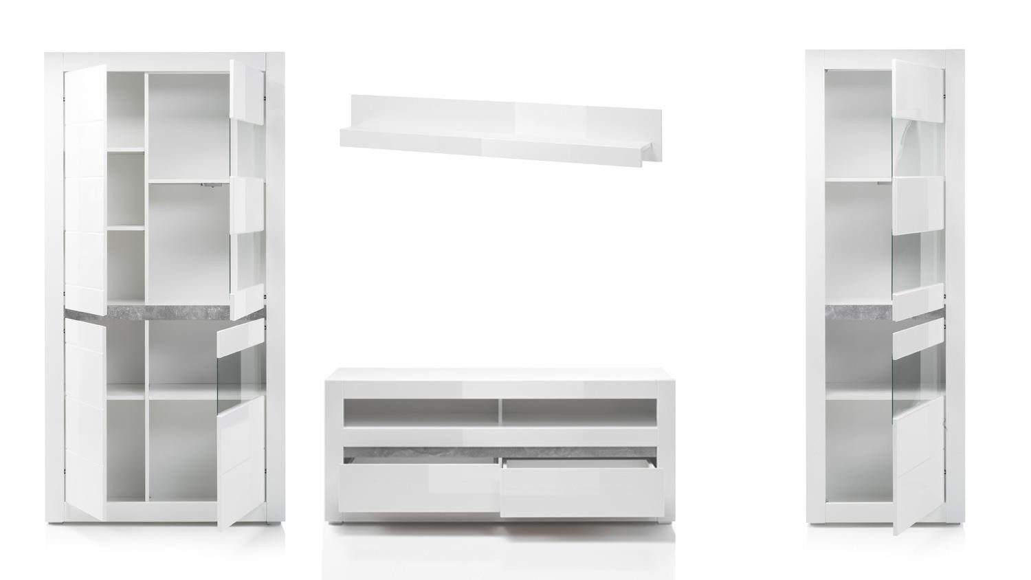 Möbel Akut Wohnwand Wohnwand 2 Carat Anbauwand Wohnzimmer weiß Hochglanz, (4-St)