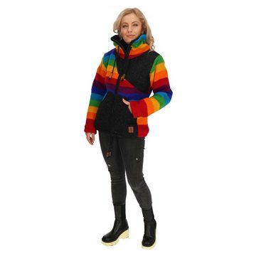 KUNST UND MAGIE Strickjacke Strickjacke Wolle Bunte Regenbogen Jacke Fleecefutter Hochkragen Fair