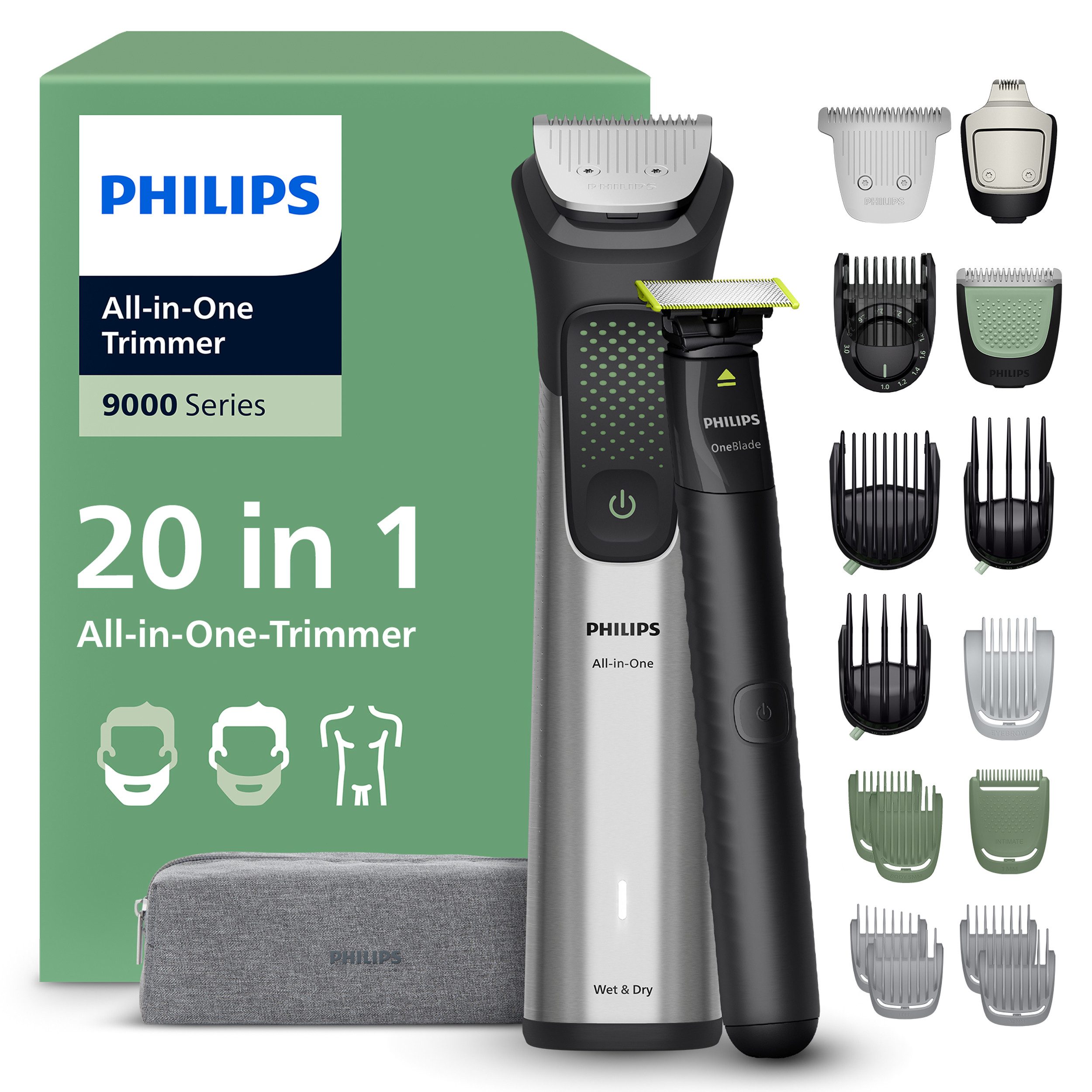 Philips Multifunktionstrimmer Series 9000 MG9557/15, 20-in-1-Trimmer für Gesicht, Körper und Kopfhaare