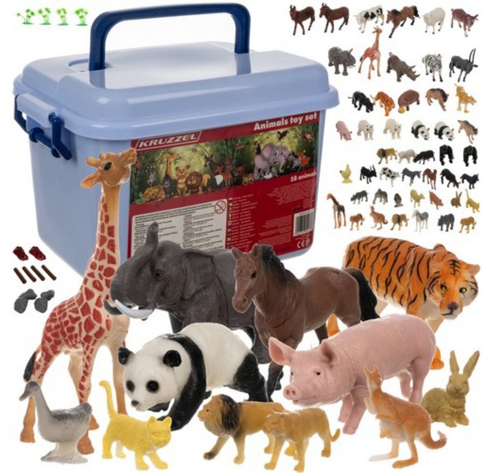 KRUZZEL Tierfigur Tiere Figurenset (Spar-Set, 48 St., Spielzeugfiguren), 48 Tierfiguren plus 14 Zubehörteile wie Bäume, Steine und Pflanzen