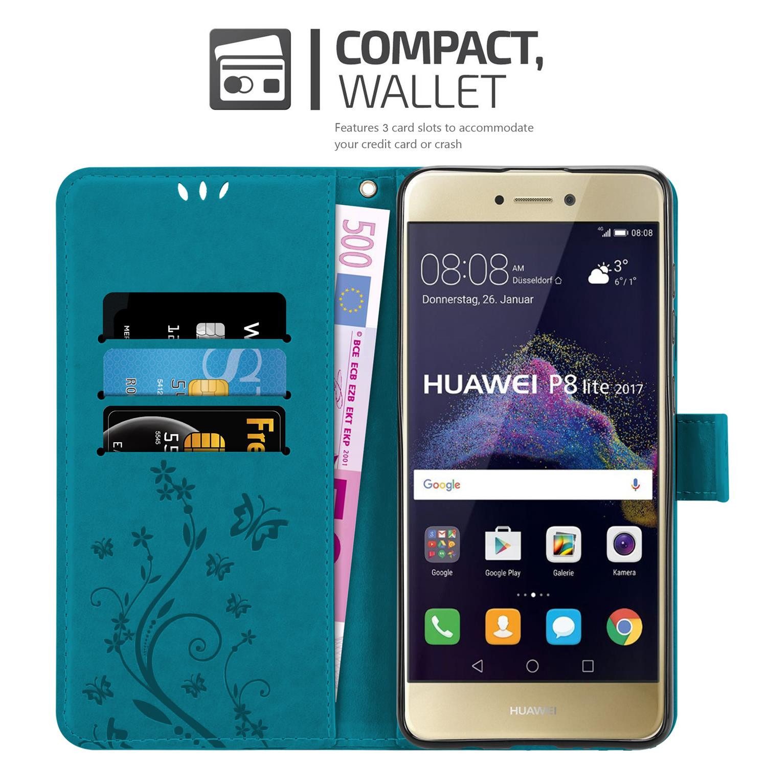 Cadorabo Handyhülle für Huawei P8 LITE 2017 / P9 LITE 2017 Hülle Huawei P8 LITE 2017 / P9 LITE 2017, Hülle Schutzhülle Blumen Flower mit Standfunktion Kartenfach Magnet
