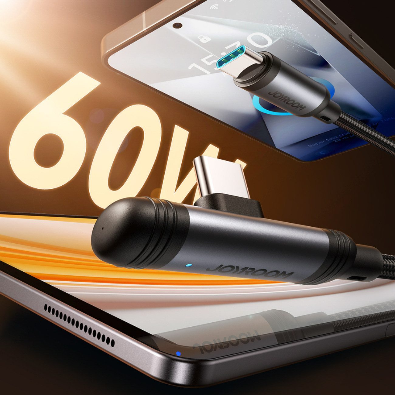 JOYROOM EnjoyX USB-Kabel, (200 cm), 60W Ladekabel 1,2 m, USB-C zu USB-C, 90° Stecker, Nylon, Schwarz