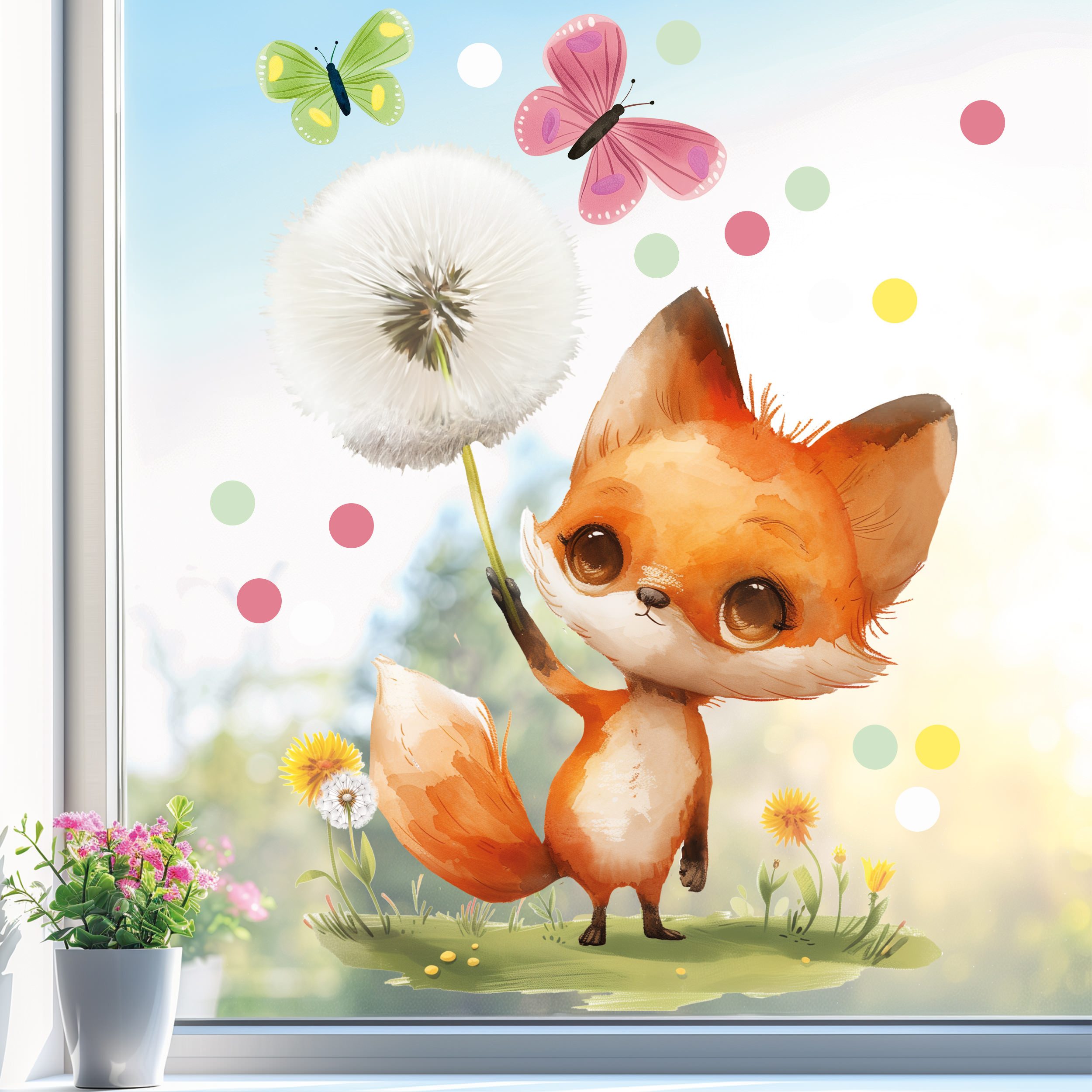 Sunnywall Fensterdekoration wiederverwendbares Fensterbild Süßer Fuchs mit Pusteblume, wiederverwendbar, statisch haftend, beidseitiger Druck