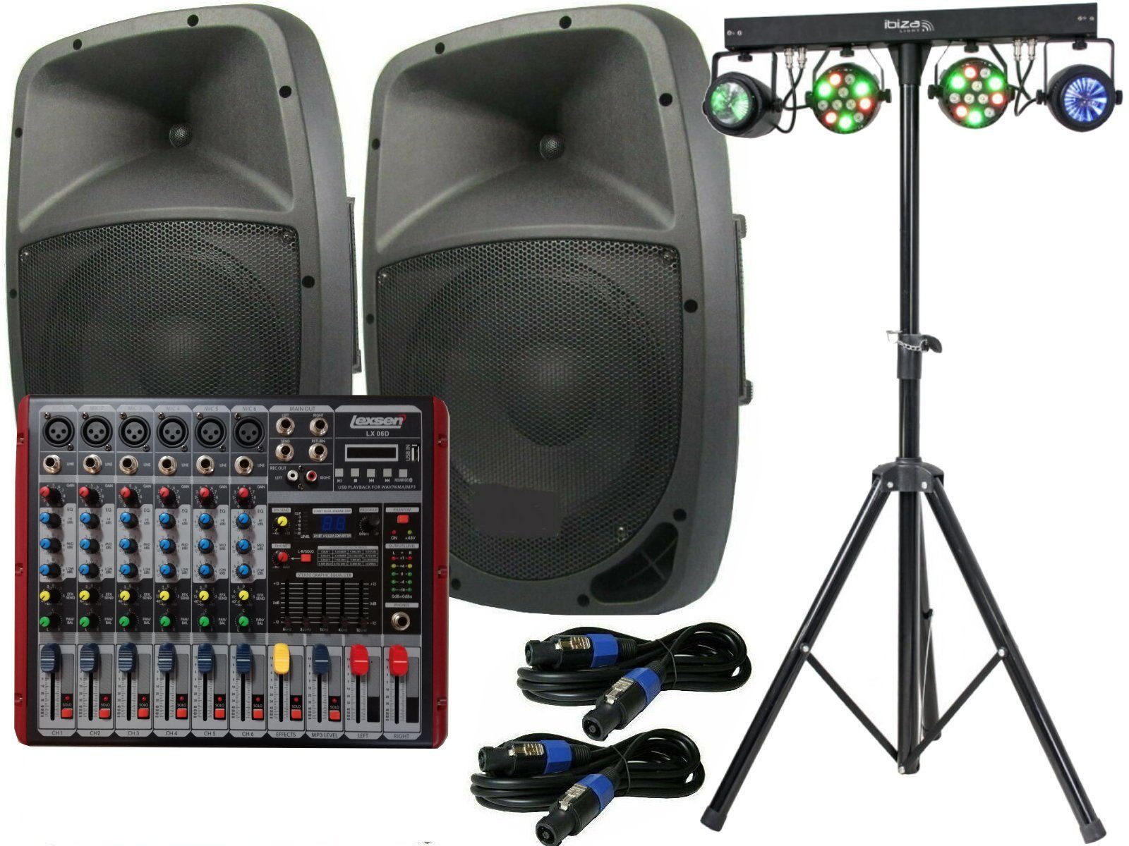 Powermixer PA Anlage 2 Wege 38 cm Musikanlage Boxen USB 1200W Lichset Party-Lautsprecher